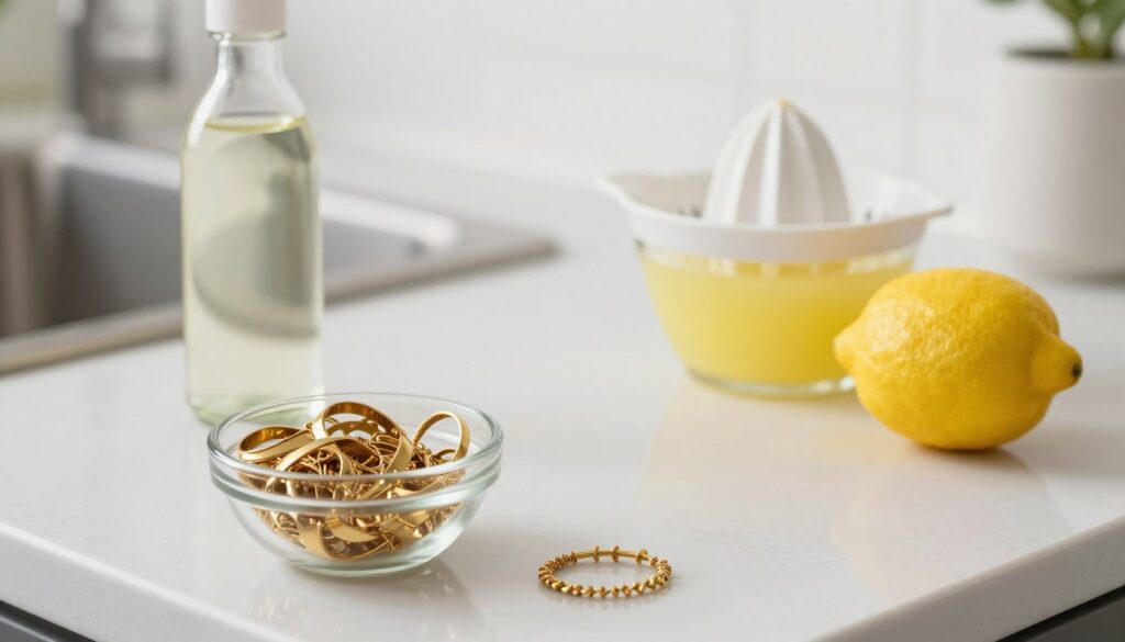 A clean, elegant countertop in a well-lit kitchen serves as the background, featuring a small bowl filled with golden jewelry showing signs of tarnish. In the foreground, a glass bottle of white vinegar and a juicer with freshly squeezed lemon juice, alongside a bright yellow lemon. The setting is bathed in soft, natural light, highlighting the sparkling gold of the jewelry and the fresh ingredients. The focus creates a shallow depth of field, leaving the jewelry in sharp detail while the vinegar and lemon juice appear slightly blurred, emphasizing their importance in the cleaning process. The mood is fresh, clean, and inviting, perfectly capturing the essence of using vinegar and lemon juice to restore gold jewelry’s shine. A clean, elegant countertop in a well-lit kitchen serves as the background, featuring a small bowl filled with golden jewelry showing signs of tarnish. In the foreground, a glass bottle of white vinegar and a juicer with freshly squeezed lemon juice, alongside a bright yellow lemon. The setting is bathed in soft, natural light, highlighting the sparkling gold of the jewelry and the fresh ingredients. The focus creates a shallow depth of field, leaving the jewelry in sharp detail while the vinegar and lemon juice appear slightly blurred, emphasizing their importance in the cleaning process. The mood is fresh, clean, and inviting, perfectly capturing the essence of using vinegar and lemon juice to restore gold jewelry’s shine.