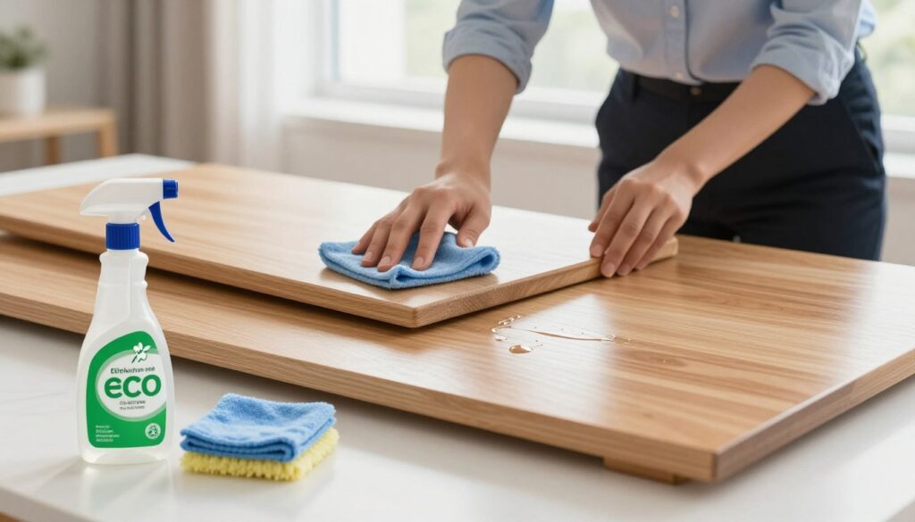 A clean, well-lit room featuring a person in professional attire, demonstrating how to clean wooden panels effectively. In the foreground, a modern cleaning kit with eco-friendly solutions and soft cloths is displayed. The middle layer shows the person gently wiping down a panel with a cloth, showcasing proper technique to avoid streaks and scratches. The background has a sunlit window casting soft natural light, enhancing the cleanliness of the atmosphere. The mood is fresh and organized, highlighting techniques to maintain panels without damage. Focus on clarity and detail in the wooden texture of the panels, reflecting their polished finish. A clean, well-lit room featuring a person in professional attire, demonstrating how to clean wooden panels effectively. In the foreground, a modern cleaning kit with eco-friendly solutions and soft cloths is displayed. The middle layer shows the person gently wiping down a panel with a cloth, showcasing proper technique to avoid streaks and scratches. The background has a sunlit window casting soft natural light, enhancing the cleanliness of the atmosphere. The mood is fresh and organized, highlighting techniques to maintain panels without damage. Focus on clarity and detail in the wooden texture of the panels, reflecting their polished finish.