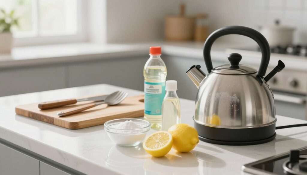 A clean, well-organized kitchen countertop displaying various methods for descaling a kettle. In the foreground, a stainless steel kettle with a light layer of scale alongside a variety of descaling agents, including lemon slices, vinegar bottles, and baking soda. The middle ground features a neatly arranged cutting board with utensils and a small bowl containing a mixture of the descaling agents. The background shows a bright, airy kitchen with sunlight streaming in through a window, highlighting the cleanliness and freshness of the space. The atmosphere is serene and inviting, conveying a sense of practical cleanliness and natural solutions. The composition captures a close-up angle to emphasize the tools and ingredients, ensuring a clear focus without any text or distractions. A clean, well-organized kitchen countertop displaying various methods for descaling a kettle. In the foreground, a stainless steel kettle with a light layer of scale alongside a variety of descaling agents, including lemon slices, vinegar bottles, and baking soda. The middle ground features a neatly arranged cutting board with utensils and a small bowl containing a mixture of the descaling agents. The background shows a bright, airy kitchen with sunlight streaming in through a window, highlighting the cleanliness and freshness of the space. The atmosphere is serene and inviting, conveying a sense of practical cleanliness and natural solutions. The composition captures a close-up angle to emphasize the tools and ingredients, ensuring a clear focus without any text or distractions.
