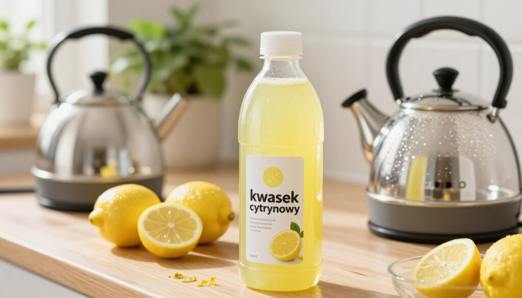 A clear and close-up image showcasing a lemon juice bottle labeled "kwasek cytrynowy" positioned prominently in the foreground. Surrounding the bottle, there are several sparkling clean kettles that have just been descaled, showcasing their shiny interiors. In the middle ground, display a wooden countertop with sliced lemons and a small bowl of lemon zest to emphasize the natural cleansing aspect. The background should consist of a bright, sunlit kitchen with green plants, enhancing the fresh, clean atmosphere. Soft, natural lighting should illuminate the scene, creating a warm and inviting mood. The angle should be slightly tilted for a dynamic perspective, capturing the essence of effective cleaning with natural ingredients. A clear and close-up image showcasing a lemon juice bottle labeled "kwasek cytrynowy" positioned prominently in the foreground. Surrounding the bottle, there are several sparkling clean kettles that have just been descaled, showcasing their shiny interiors. In the middle ground, display a wooden countertop with sliced lemons and a small bowl of lemon zest to emphasize the natural cleansing aspect. The background should consist of a bright, sunlit kitchen with green plants, enhancing the fresh, clean atmosphere. Soft, natural lighting should illuminate the scene, creating a warm and inviting mood. The angle should be slightly tilted for a dynamic perspective, capturing the essence of effective cleaning with natural ingredients.
