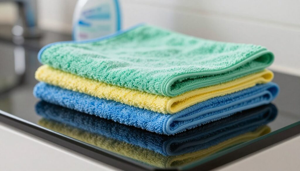 A close-up composition featuring a stack of vibrant microfiber cloths in varying shades of blue, green, and yellow, neatly folded on a polished black glass countertop. In the foreground, focus on the texture and softness of the cloths, highlighting their fine fibers catching the light. The middle ground showcases a gentle reflection of the cloths on the glass surface, emphasizing cleanliness. In the background, a blurred out cleaning spray bottle with a sleek design hints at the cleaning process. Soft, diffused natural light illuminates the scene, creating a calm and inviting atmosphere. The angle is slightly above the cloths, capturing both their detail and the overall elegant cleaning setup. A close-up composition featuring a stack of vibrant microfiber cloths in varying shades of blue, green, and yellow, neatly folded on a polished black glass countertop. In the foreground, focus on the texture and softness of the cloths, highlighting their fine fibers catching the light. The middle ground showcases a gentle reflection of the cloths on the glass surface, emphasizing cleanliness. In the background, a blurred out cleaning spray bottle with a sleek design hints at the cleaning process. Soft, diffused natural light illuminates the scene, creating a calm and inviting atmosphere. The angle is slightly above the cloths, capturing both their detail and the overall elegant cleaning setup.
