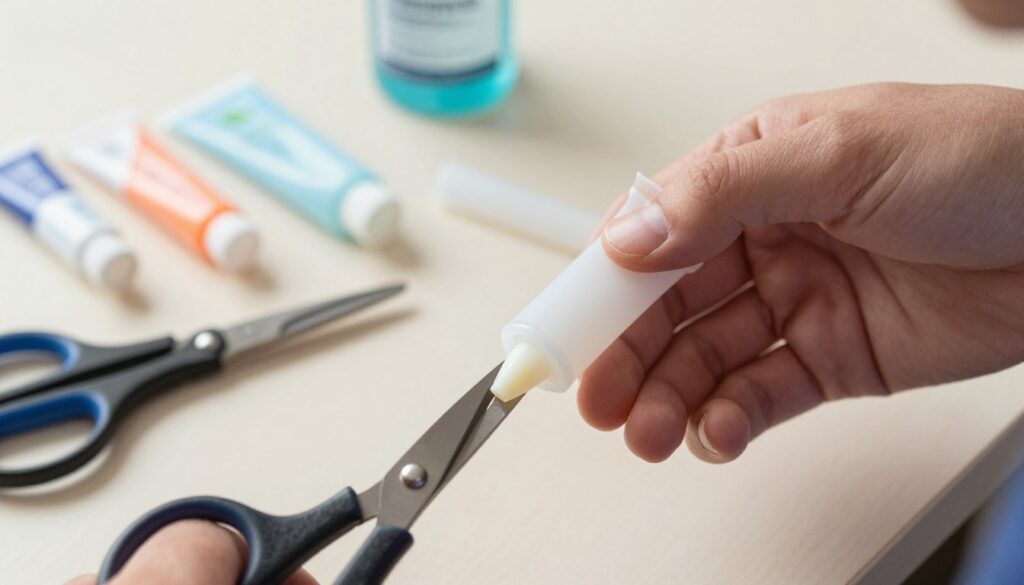 A close-up image of a hand preparing a silicone tube for application, set against a light, neutral background. In the foreground, focus on the hand, wearing modest, professional attire, gripping the silicone tube, with the nozzle just being cut open with scissors. In the middle ground, display a small, organized workspace with tools like scissors and a knife, alongside various silicone products neatly arranged. The lighting is bright and natural, emphasizing clarity and detail on the silicone tube’s surface and the texture of the workspace. The overall mood conveys a sense of preparation and practicality, showcasing the process of preparing the silicone effectively without professional equipment.