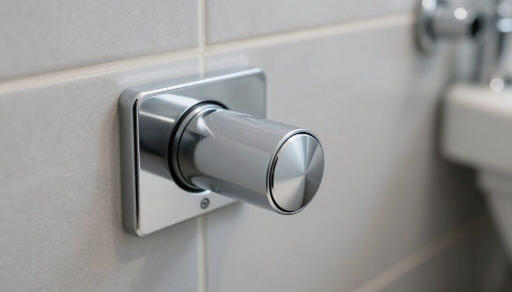 A close-up image of a modern toilet flush button, featuring a sleek design with a chrome finish. The button is situated on a flush plate integrated with a wall-mounted toilet frame. In the foreground, the flush button is sharply in focus, highlighting its details and metallic sheen. The middle ground showcases the surrounding tiled wall, illustrating a clean, professional installation with light grey tiles. Soft ambient lighting illuminates the scene, creating a calm and professional atmosphere, suitable for a bathroom setting. In the background, slightly blurred, hints of plumbing fittings can be seen, emphasizing the topic of installation. The angle captures the button at eye level, providing an engaging perspective for the viewer. A close-up image of a modern toilet flush button, featuring a sleek design with a chrome finish. The button is situated on a flush plate integrated with a wall-mounted toilet frame. In the foreground, the flush button is sharply in focus, highlighting its details and metallic sheen. The middle ground showcases the surrounding tiled wall, illustrating a clean, professional installation with light grey tiles. Soft ambient lighting illuminates the scene, creating a calm and professional atmosphere, suitable for a bathroom setting. In the background, slightly blurred, hints of plumbing fittings can be seen, emphasizing the topic of installation. The angle captures the button at eye level, providing an engaging perspective for the viewer.