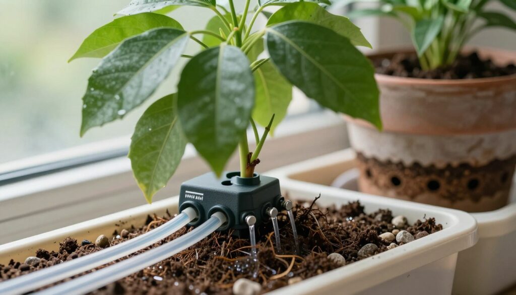 A close-up image of a potted plant with rich, green leaves, highlighting the innovative watering and drainage system. The foreground features precise drip irrigation tubes efficiently delivering water to the plant's roots, juxtaposed with a visual representation of soil layers showcasing optimal drainage techniques. The middle ground displays a well-designed pot with drainage holes and a layer of gravel at the bottom, emphasizing proper moisture control. In the background, soft natural light filters through a nearby window, creating a serene and nurturing atmosphere. The composition evokes a sense of care and professionalism, illustrating effective daily plant maintenance strategies. The camera angle is slightly tilted to capture the intricate details of the plant and the watering system, inviting the viewer into the scene.