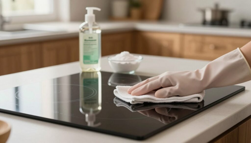A close-up image of a sparkling clean induction cooktop, highlighting its smooth glass surface without scratches. In the foreground, a pair of hands wearing rubber gloves gently wiping the cooktop with a microfiber cloth, emphasizing the action of cleaning. In the middle ground, a bottle of a gentle, eco-friendly cleaning solution is placed next to a small bowl of baking soda, showcasing natural cleaning ingredients. The background features a softly lit kitchen environment with wooden cabinetry and warm ambient light filtering through a window, creating a cozy and inviting atmosphere. The focus of the composition is sharp on the cooktop while slightly blurring the background to keep attention on the cleaning process and methods for maintaining the surface. A close-up image of a sparkling clean induction cooktop, highlighting its smooth glass surface without scratches. In the foreground, a pair of hands wearing rubber gloves gently wiping the cooktop with a microfiber cloth, emphasizing the action of cleaning. In the middle ground, a bottle of a gentle, eco-friendly cleaning solution is placed next to a small bowl of baking soda, showcasing natural cleaning ingredients. The background features a softly lit kitchen environment with wooden cabinetry and warm ambient light filtering through a window, creating a cozy and inviting atmosphere. The focus of the composition is sharp on the cooktop while slightly blurring the background to keep attention on the cleaning process and methods for maintaining the surface.