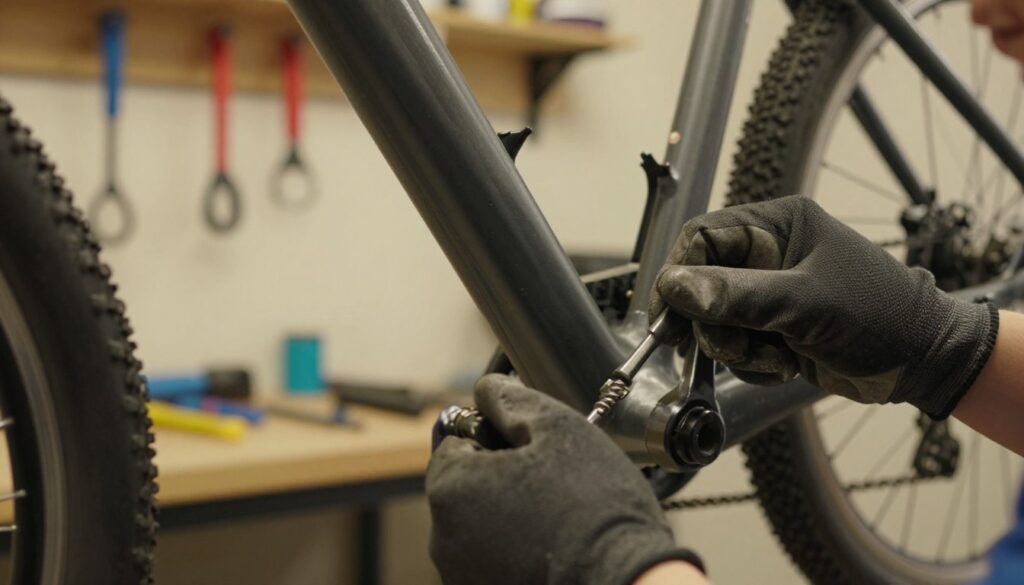 A close-up of a bike pedal being carefully unscrewed with a wrench, demonstrating the technique for safe pedal removal. In the foreground, focus on the mechanic's hand, wearing a sturdy glove, gripping the pedal. The middle ground shows the bike frame and crankset, emphasizing the pedal's attachment point, highlighting the details of the pedal's threads. The background features a softly blurred workshop with tools hanging on the wall, subtly illuminated by warm, diffused lighting, creating a calm yet focused atmosphere. The angle captures a slight top-down perspective, allowing viewers to appreciate the careful technique employed. The image should radiate professionalism and clarity, ideal for an instructional setting. A close-up of a bike pedal being carefully unscrewed with a wrench, demonstrating the technique for safe pedal removal. In the foreground, focus on the mechanic's hand, wearing a sturdy glove, gripping the pedal. The middle ground shows the bike frame and crankset, emphasizing the pedal's attachment point, highlighting the details of the pedal's threads. The background features a softly blurred workshop with tools hanging on the wall, subtly illuminated by warm, diffused lighting, creating a calm yet focused atmosphere. The angle captures a slight top-down perspective, allowing viewers to appreciate the careful technique employed. The image should radiate professionalism and clarity, ideal for an instructional setting.