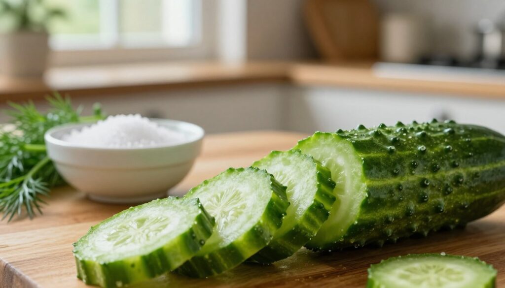 A close-up of a fresh cucumber exhibiting the bitter taste characteristic of "gorzke ogórki". The foreground features a plump cucumber sliced into rounds, revealing its unique, slightly off-color, and uneven texture, highlighting the bitterness. In the middle ground, include a small bowl of salt and sprigs of dill, suggesting the effective methods for counteracting the bitter flavor. The background is softly blurred, depicting a rustic kitchen setting with wooden countertops and natural light filtering through a window, creating a warm and inviting atmosphere. The overall mood should convey the essence of culinary exploration and the intriguing flavors of cucumbers, focusing on the theme of flavor enhancement. No text or branding visible. A close-up of a fresh cucumber exhibiting the bitter taste characteristic of "gorzke ogórki". The foreground features a plump cucumber sliced into rounds, revealing its unique, slightly off-color, and uneven texture, highlighting the bitterness. In the middle ground, include a small bowl of salt and sprigs of dill, suggesting the effective methods for counteracting the bitter flavor. The background is softly blurred, depicting a rustic kitchen setting with wooden countertops and natural light filtering through a window, creating a warm and inviting atmosphere. The overall mood should convey the essence of culinary exploration and the intriguing flavors of cucumbers, focusing on the theme of flavor enhancement. No text or branding visible.