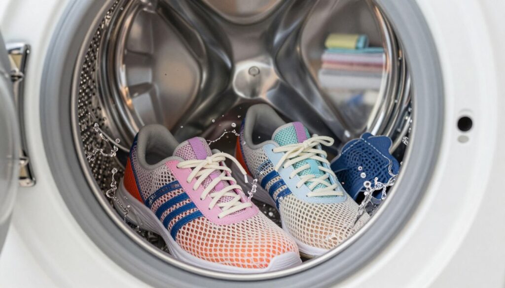A close-up of a washing machine filled with mesh athletic shoes, showcasing a vibrant mix of colors and textures. The scene captures water splashing within the machine, creating a dynamic movement that emphasizes the action of washing. Soft, diffused lighting highlights the intricate details of the mesh material, while the metallic interior of the washing machine adds a modern touch. In the background, a clean laundry room can be subtly seen, featuring neatly stacked towels and a window letting in natural light. The overall atmosphere is fresh and clean, suggesting a careful and gentle approach to washing delicate shoes. A close-up of a washing machine filled with mesh athletic shoes, showcasing a vibrant mix of colors and textures. The scene captures water splashing within the machine, creating a dynamic movement that emphasizes the action of washing. Soft, diffused lighting highlights the intricate details of the mesh material, while the metallic interior of the washing machine adds a modern touch. In the background, a clean laundry room can be subtly seen, featuring neatly stacked towels and a window letting in natural light. The overall atmosphere is fresh and clean, suggesting a careful and gentle approach to washing delicate shoes.