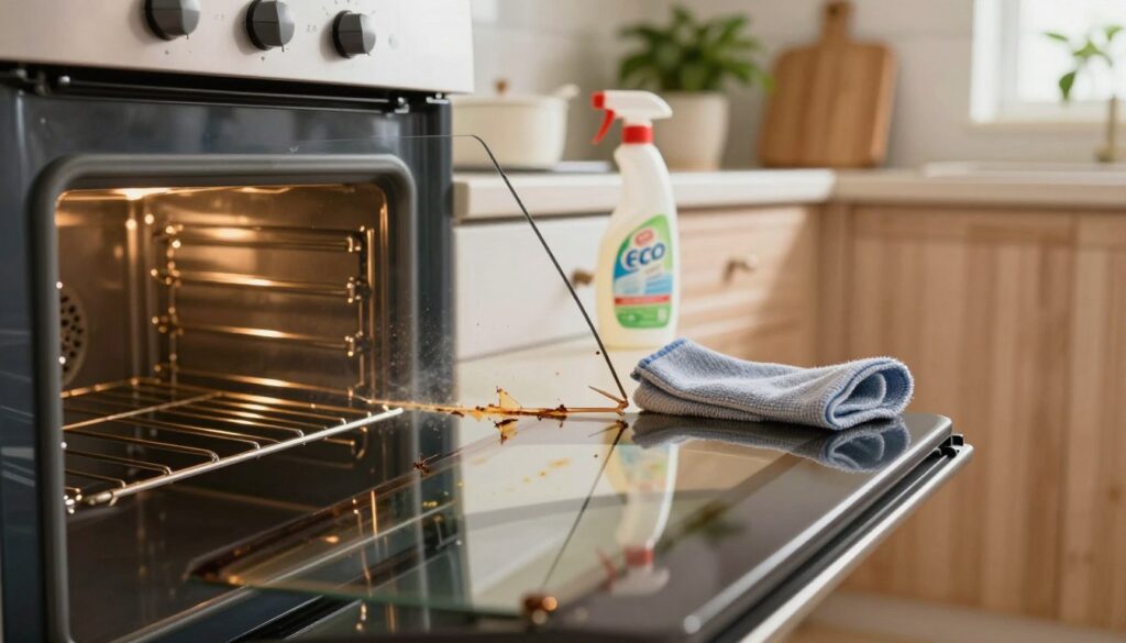 A close-up of an oven door with clean, shiny oven glass panels reflecting soft kitchen light. The foreground features a well-lit, spotless oven door just cracked open, revealing the interior with shining metal racks. In the middle, a soft-focus kitchen countertop holds a bottle of eco-friendly oven cleaner and a microfiber cloth, emphasizing a cleaning action. The background includes a cozy kitchen with wooden cabinets and plants, creating a warm, inviting atmosphere. The lighting is bright yet soft, enhancing the sparkle of the glass and metal, while a shallow depth of field draws attention to the cleaning process. The overall mood conveys a sense of cleanliness and effectiveness in removing burnt grease and stains. A close-up of an oven door with clean, shiny oven glass panels reflecting soft kitchen light. The foreground features a well-lit, spotless oven door just cracked open, revealing the interior with shining metal racks. In the middle, a soft-focus kitchen countertop holds a bottle of eco-friendly oven cleaner and a microfiber cloth, emphasizing a cleaning action. The background includes a cozy kitchen with wooden cabinets and plants, creating a warm, inviting atmosphere. The lighting is bright yet soft, enhancing the sparkle of the glass and metal, while a shallow depth of field draws attention to the cleaning process. The overall mood conveys a sense of cleanliness and effectiveness in removing burnt grease and stains.