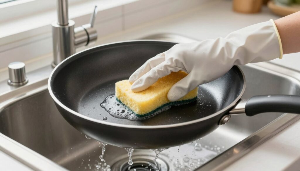 A close-up scene depicting the manual cleaning of a non-stick frying pan in a bright, modern kitchen. In the foreground, a hand wearing a soft dishwashing glove is gently scrubbing the surface of the pan with a sponge, creating a few bubbles and splashes of water. In the middle, the pan is placed in a stainless steel sink surrounded by dish soap and a few other cleaning tools, emphasizing the act of care. The background features clean kitchen tiles and a window with natural light streaming in, illuminating the scene and creating a warm, inviting atmosphere. The overall mood conveys diligence and attention to cleanliness, highlighting proper techniques for maintaining cookware. A close-up scene depicting the manual cleaning of a non-stick frying pan in a bright, modern kitchen. In the foreground, a hand wearing a soft dishwashing glove is gently scrubbing the surface of the pan with a sponge, creating a few bubbles and splashes of water. In the middle, the pan is placed in a stainless steel sink surrounded by dish soap and a few other cleaning tools, emphasizing the act of care. The background features clean kitchen tiles and a window with natural light streaming in, illuminating the scene and creating a warm, inviting atmosphere. The overall mood conveys diligence and attention to cleanliness, highlighting proper techniques for maintaining cookware.