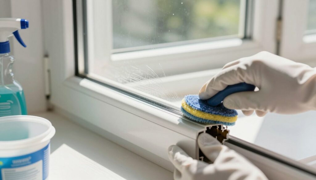 A close-up scene showcasing common mistakes made while cleaning plastic window profiles. In the foreground, a pair of gloved hands is seen improperly using an abrasive cleaner, damaging the frame surface. To the left, an open container of unsuitable cleaning solution is visible. In the middle ground, a partially cleaned window profile highlights streaks and residue left behind, suggesting ineffective cleaning techniques. The background features a well-lit indoor space with natural sunlight streaming through the clean window, creating a contrasting atmosphere of clarity versus the messy cleaning effort. The image is bright and inviting, emphasizing the importance of proper window cleaning methods. The angle is slightly tilted to add visual interest and capture details in both the cleaning process and the window profiles. A close-up scene showcasing common mistakes made while cleaning plastic window profiles. In the foreground, a pair of gloved hands is seen improperly using an abrasive cleaner, damaging the frame surface. To the left, an open container of unsuitable cleaning solution is visible. In the middle ground, a partially cleaned window profile highlights streaks and residue left behind, suggesting ineffective cleaning techniques. The background features a well-lit indoor space with natural sunlight streaming through the clean window, creating a contrasting atmosphere of clarity versus the messy cleaning effort. The image is bright and inviting, emphasizing the importance of proper window cleaning methods. The angle is slightly tilted to add visual interest and capture details in both the cleaning process and the window profiles.