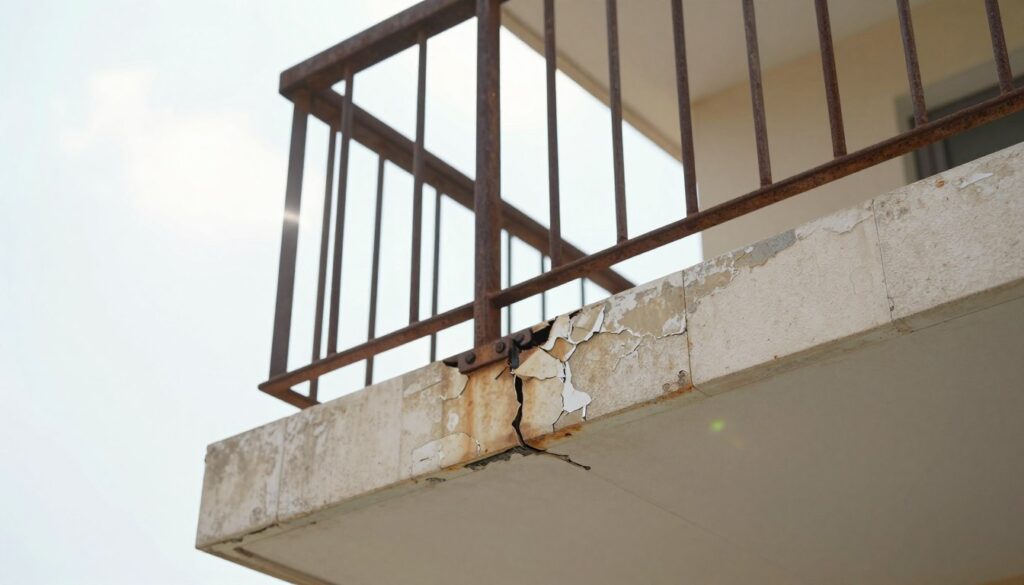 A close-up view of a balcony in need of structural assessment, showcasing its technical condition. The foreground features weathered tiles with some cracks and spots of peeling paint. In the middle, a rusted metal railing is shown with visible signs of wear, alongside worn-down joints that suggest previous water damage. The background displays a bright sky, emphasizing the balcony's exposure to the elements. Soft, natural lighting highlights the textures, while a slight lens flare adds a sense of realism. The atmosphere is one of careful evaluation, inviting the viewer to assess the condition of the structure, with a focus on maintenance and restoration. No human figures are present in the scene. A close-up view of a balcony in need of structural assessment, showcasing its technical condition. The foreground features weathered tiles with some cracks and spots of peeling paint. In the middle, a rusted metal railing is shown with visible signs of wear, alongside worn-down joints that suggest previous water damage. The background displays a bright sky, emphasizing the balcony's exposure to the elements. Soft, natural lighting highlights the textures, while a slight lens flare adds a sense of realism. The atmosphere is one of careful evaluation, inviting the viewer to assess the condition of the structure, with a focus on maintenance and restoration. No human figures are present in the scene.