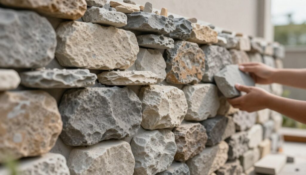 A close-up view of a beautifully arranged decorative concrete stone wall, showcasing the intricate textures and finishes of the stones. The foreground focuses on individual stones, displaying various shades of gray, beige, and hints of earthy colors, each stone uniquely shaped and fit snugly together without visible gaps. In the middle ground, a slightly wider shot reveals hands of a professional installer carefully placing a stone, demonstrating precise technique. In the background, the wall extends upward, illuminated by soft, diffused natural light that creates a warm and inviting atmosphere. The setting conveys a sense of craftsmanship and attention to detail, ideal for illustrating a step-by-step guide on installing decorative concrete stones. A close-up view of a beautifully arranged decorative concrete stone wall, showcasing the intricate textures and finishes of the stones. The foreground focuses on individual stones, displaying various shades of gray, beige, and hints of earthy colors, each stone uniquely shaped and fit snugly together without visible gaps. In the middle ground, a slightly wider shot reveals hands of a professional installer carefully placing a stone, demonstrating precise technique. In the background, the wall extends upward, illuminated by soft, diffused natural light that creates a warm and inviting atmosphere. The setting conveys a sense of craftsmanship and attention to detail, ideal for illustrating a step-by-step guide on installing decorative concrete stones.
