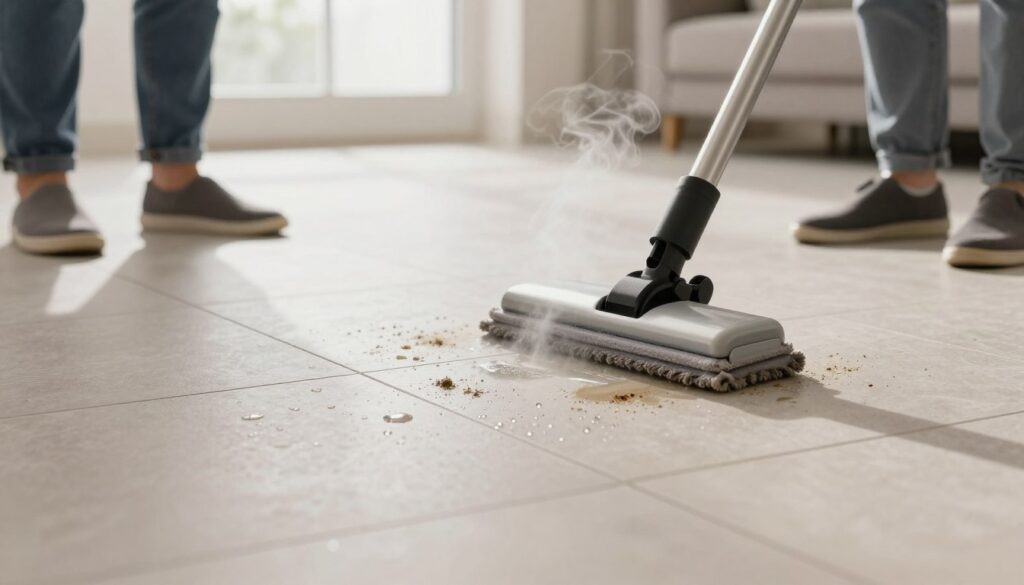 A close-up view of a beautifully clean matte floor tile, showcasing the meticulous process of removing stubborn dirt and deposits. In the foreground, a professional cleaner in modest casual attire is using a steam mop, with steam visibly rising, highlighting the cleaning action. The middle layer features glistening water droplets on the tiles, illustrating the effectiveness of the cleaning process. In the background, soft natural light filters through a nearby window, creating a warm and inviting atmosphere. The tiles are arranged in a modern, geometric pattern, emphasizing the elegance of matte surfaces. The overall mood is fresh and revitalizing, reflecting the satisfaction of achieving spotless flooring. A close-up view of a beautifully clean matte floor tile, showcasing the meticulous process of removing stubborn dirt and deposits. In the foreground, a professional cleaner in modest casual attire is using a steam mop, with steam visibly rising, highlighting the cleaning action. The middle layer features glistening water droplets on the tiles, illustrating the effectiveness of the cleaning process. In the background, soft natural light filters through a nearby window, creating a warm and inviting atmosphere. The tiles are arranged in a modern, geometric pattern, emphasizing the elegance of matte surfaces. The overall mood is fresh and revitalizing, reflecting the satisfaction of achieving spotless flooring.