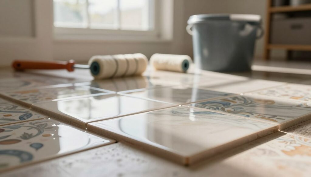 A close-up view of a beautifully finished polyurethane resin coating applied over existing ceramic tiles. In the foreground, showcase the glossy, smooth surface of the resin, highlighting the intricate patterns and colors of the tiles beneath. The middle ground features tools such as a roller and mixing bucket, indicating the application process. In the background, soft, natural light filters through a nearby window, creating a warm, inviting atmosphere. The scene is set in a well-lit, modern room, emphasizing the transformation of the old floor into a sleek, updated design. Capture the mood of renewal and sophistication, with a focus on the seamless integration of resin over the tiles. Avoid any text or logos in the image. A close-up view of a beautifully finished polyurethane resin coating applied over existing ceramic tiles. In the foreground, showcase the glossy, smooth surface of the resin, highlighting the intricate patterns and colors of the tiles beneath. The middle ground features tools such as a roller and mixing bucket, indicating the application process. In the background, soft, natural light filters through a nearby window, creating a warm, inviting atmosphere. The scene is set in a well-lit, modern room, emphasizing the transformation of the old floor into a sleek, updated design. Capture the mood of renewal and sophistication, with a focus on the seamless integration of resin over the tiles. Avoid any text or logos in the image.
