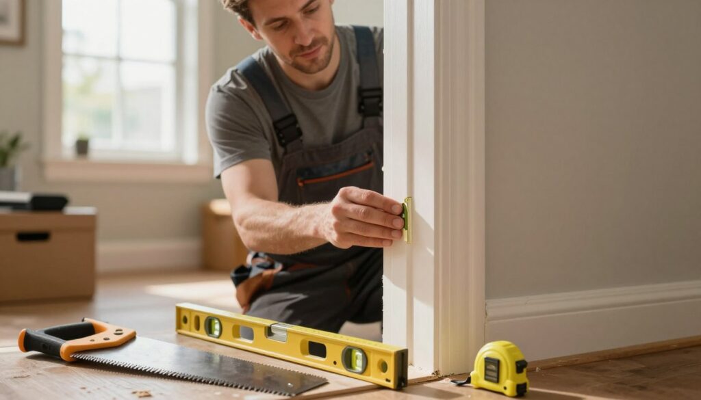 A close-up view of a beautifully renovated door frame, showcasing the process of installing overlay casings on old door jambs. In the foreground, detailed hand tools like a saw, level, and measuring tape lie beside the partially installed casing, emphasizing the DIY aspect. The middle ground features a skilled tradesperson, dressed in a professional attire, carefully fitting the casing against the wall, with an expression of focus and precision. The background reveals a cozy, well-lit room with warm, natural light streaming through a nearby window, illuminating the textures of the newly installed casing. The atmosphere is encouraging and creative, capturing the satisfaction of home improvement projects in an inviting setting. A close-up view of a beautifully renovated door frame, showcasing the process of installing overlay casings on old door jambs. In the foreground, detailed hand tools like a saw, level, and measuring tape lie beside the partially installed casing, emphasizing the DIY aspect. The middle ground features a skilled tradesperson, dressed in a professional attire, carefully fitting the casing against the wall, with an expression of focus and precision. The background reveals a cozy, well-lit room with warm, natural light streaming through a nearby window, illuminating the textures of the newly installed casing. The atmosphere is encouraging and creative, capturing the satisfaction of home improvement projects in an inviting setting.