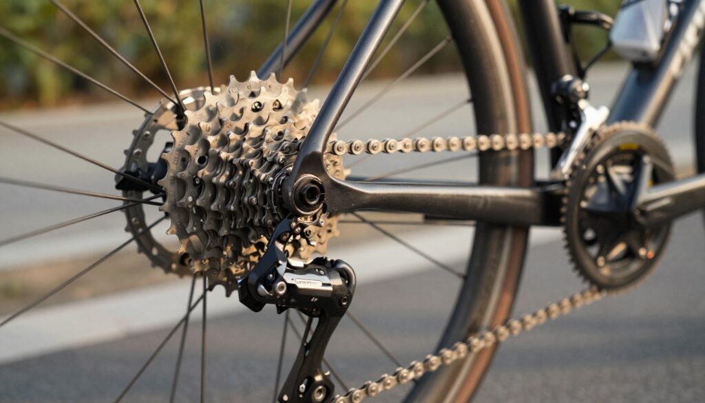 A close-up view of a bicycle chain aligned with a cassette, showcasing the intricate details of the chain links and the spacing between the cassette gears. In the foreground, the chain glistens under soft sunlight, highlighting its metallic texture. The middle ground features the cassette with distinct gear sizes, emphasizing the number of cogs and their arrangement, illustrating the concept of "row width." The background captures a blurred urban cycling path, invoking a sense of motion and the essence of cycling culture. The lighting is warm and inviting, creating an atmosphere of reliability and performance. The angle is slightly tilted to emphasize depth, focusing on the important technical details of the chain and cassette compatibility. A close-up view of a bicycle chain aligned with a cassette, showcasing the intricate details of the chain links and the spacing between the cassette gears. In the foreground, the chain glistens under soft sunlight, highlighting its metallic texture. The middle ground features the cassette with distinct gear sizes, emphasizing the number of cogs and their arrangement, illustrating the concept of "row width." The background captures a blurred urban cycling path, invoking a sense of motion and the essence of cycling culture. The lighting is warm and inviting, creating an atmosphere of reliability and performance. The angle is slightly tilted to emphasize depth, focusing on the important technical details of the chain and cassette compatibility.