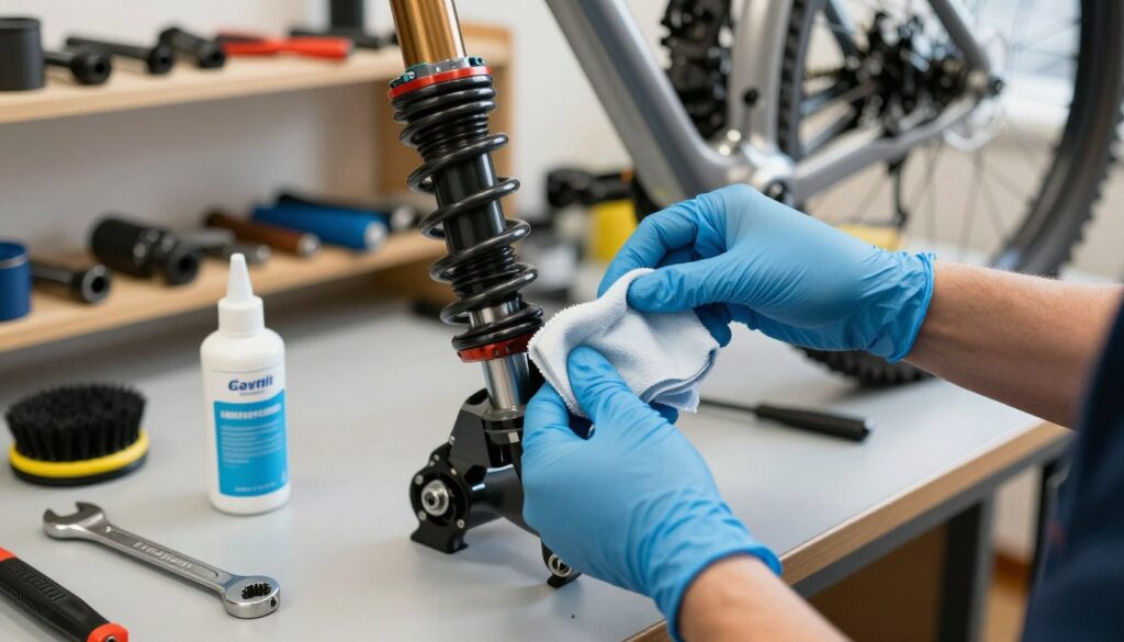 A close-up view of a bicycle suspension system being serviced on a workbench. The foreground features a mechanic's hands, wearing blue latex gloves, carefully cleaning the shock absorber using a soft cloth and specialized cleaning solution. The middle ground includes various tools like a wrench, lubricant, and a small brush, neatly arranged beside the bicycle frame. In the background, there's a well-lit workshop with shelves holding additional bike parts and tools, creating a focused, productive atmosphere. The lighting is bright and natural, emphasizing the details of the mechanics' work. The overall mood is professional and meticulous, showcasing the importance of bicycle maintenance. A close-up view of a bicycle suspension system being serviced on a workbench. The foreground features a mechanic's hands, wearing blue latex gloves, carefully cleaning the shock absorber using a soft cloth and specialized cleaning solution. The middle ground includes various tools like a wrench, lubricant, and a small brush, neatly arranged beside the bicycle frame. In the background, there's a well-lit workshop with shelves holding additional bike parts and tools, creating a focused, productive atmosphere. The lighting is bright and natural, emphasizing the details of the mechanics' work. The overall mood is professional and meticulous, showcasing the importance of bicycle maintenance.