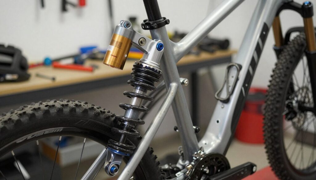 A close-up view of a bicycle's suspension system, specifically focusing on a well-maintained shock absorber. The foreground features intricate details of the shock's components, showcasing the spring, damping mechanism, and mountings, with visible wear indicators and clear lubrication. The middle layer includes the bike frame, illustrating its connection to the forks and wheels, emphasizing the engineering behind the suspension design. In the background, a blurred image of a workshop or garage setting provides context, with tools and bike maintenance equipment subtly visible. Soft, natural lighting highlights the metallic textures and finishes, creating a professional and informative atmosphere, perfect for an article about bike maintenance and repair techniques. A close-up view of a bicycle's suspension system, specifically focusing on a well-maintained shock absorber. The foreground features intricate details of the shock's components, showcasing the spring, damping mechanism, and mountings, with visible wear indicators and clear lubrication. The middle layer includes the bike frame, illustrating its connection to the forks and wheels, emphasizing the engineering behind the suspension design. In the background, a blurred image of a workshop or garage setting provides context, with tools and bike maintenance equipment subtly visible. Soft, natural lighting highlights the metallic textures and finishes, creating a professional and informative atmosphere, perfect for an article about bike maintenance and repair techniques.