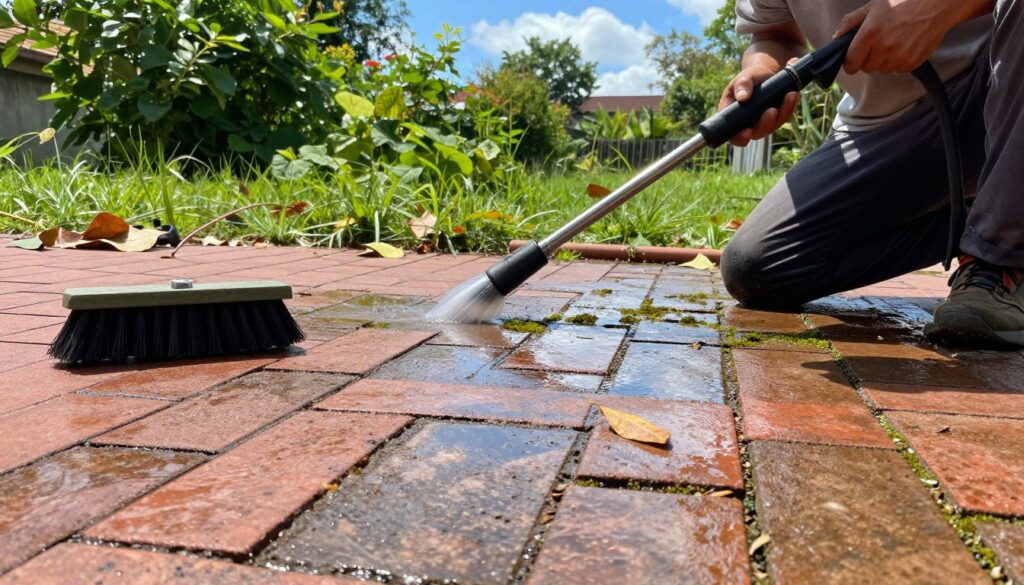 A close-up view of a brick pavement surface being prepared for cleaning, featuring a worker dressed in modest casual clothing, kneeling on the ground. In the foreground, show a pressure washer and a scrub brush, surrounded by scattered leaves and debris. In the middle ground, the worker is carefully removing moss and grime from individual bricks, using water to highlight the contrast between clean and dirty areas. In the background, depict lush greenery and a sunny, clear sky to create a vibrant atmosphere. The lighting is bright and natural, enhancing the textures of the bricks and the greenery, while the angle captures the worker’s focused expression. The overall mood is industrious yet serene, focusing on the care taken in preparing the surface. A close-up view of a brick pavement surface being prepared for cleaning, featuring a worker dressed in modest casual clothing, kneeling on the ground. In the foreground, show a pressure washer and a scrub brush, surrounded by scattered leaves and debris. In the middle ground, the worker is carefully removing moss and grime from individual bricks, using water to highlight the contrast between clean and dirty areas. In the background, depict lush greenery and a sunny, clear sky to create a vibrant atmosphere. The lighting is bright and natural, enhancing the textures of the bricks and the greenery, while the angle captures the worker’s focused expression. The overall mood is industrious yet serene, focusing on the care taken in preparing the surface.
