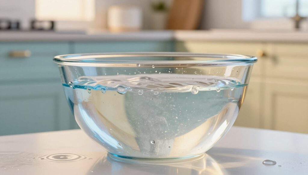 A close-up view of a clear glass bowl filled with water at different temperatures, creating a visual gradient from icy blue at one side to warm golden tones at the other. In the foreground, delicate ripples in the water suggest movement, while droplets of condensation form on the surface of the bowl. The middle layer features a set of clean, shiny kitchen cabinets in soft pastel colors, reflecting the colors of the water and creating a modern atmosphere. In the background, a softly lit kitchen with light streaming through a window enhances the warm ambiance. The overall mood is serene and inviting, with a focus on cleanliness and the importance of water temperature in maintaining the shine of kitchen surfaces. A close-up view of a clear glass bowl filled with water at different temperatures, creating a visual gradient from icy blue at one side to warm golden tones at the other. In the foreground, delicate ripples in the water suggest movement, while droplets of condensation form on the surface of the bowl. The middle layer features a set of clean, shiny kitchen cabinets in soft pastel colors, reflecting the colors of the water and creating a modern atmosphere. In the background, a softly lit kitchen with light streaming through a window enhances the warm ambiance. The overall mood is serene and inviting, with a focus on cleanliness and the importance of water temperature in maintaining the shine of kitchen surfaces.