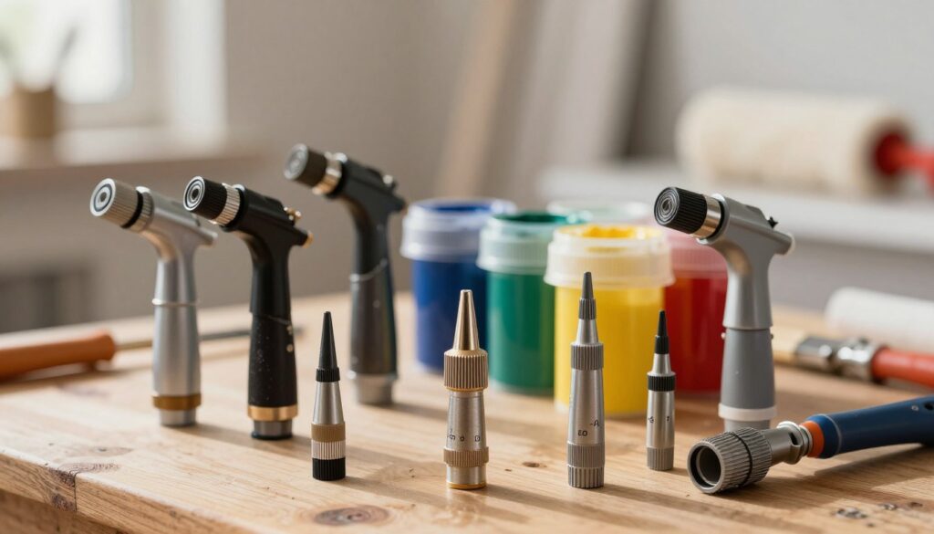 A close-up view of a collection of various paint spray nozzles (dyszy) for wall painting, arranged artistically on a wooden surface. The foreground features detailed, high-resolution images of different nozzle types, showcasing their intricate designs, sizes, and markings. In the middle ground, include some paint containers filled with vibrant latex paint in a rainbow of colors, suggesting versatility. The background is softly blurred with a hint of a painter’s workspace, including brushes and a roller, adding context. Warm, diffused natural light floods the scene from the left, creating gentle shadows, enhancing textures, and evoking a creative atmosphere. The focus should provide a clear understanding of the nozzle variations and their applications without any distractions. A close-up view of a collection of various paint spray nozzles (dyszy) for wall painting, arranged artistically on a wooden surface. The foreground features detailed, high-resolution images of different nozzle types, showcasing their intricate designs, sizes, and markings. In the middle ground, include some paint containers filled with vibrant latex paint in a rainbow of colors, suggesting versatility. The background is softly blurred with a hint of a painter’s workspace, including brushes and a roller, adding context. Warm, diffused natural light floods the scene from the left, creating gentle shadows, enhancing textures, and evoking a creative atmosphere. The focus should provide a clear understanding of the nozzle variations and their applications without any distractions.