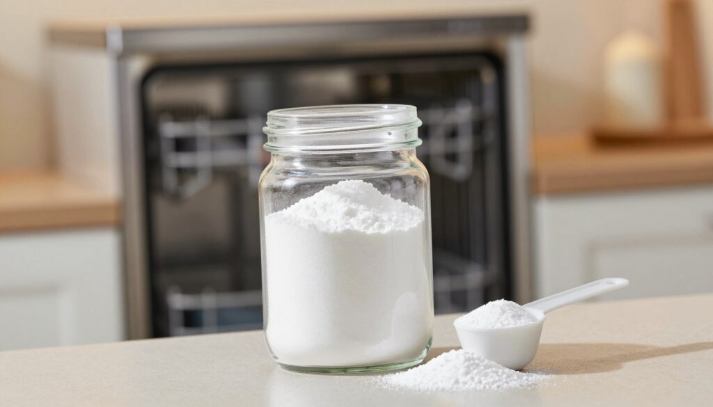 A close-up view of a container of baking soda, prominently displayed as a natural alternative for dishwasher detergent. The foreground features a clear, visually appealing jar filled with white powder, with a measuring spoon beside it. In the background, a modern, stainless steel dishwasher is slightly blurred but recognizable, indicating its functionality. Soft, warm kitchen lighting highlights the baking soda, creating a cozy, inviting atmosphere. A clean kitchen countertop adds to the scene, conveying a sense of cleanliness and order. The angle is slightly tilted to emphasize the baking soda and its practical use in dishwashing, fostering a mood of simplicity and natural living. A close-up view of a container of baking soda, prominently displayed as a natural alternative for dishwasher detergent. The foreground features a clear, visually appealing jar filled with white powder, with a measuring spoon beside it. In the background, a modern, stainless steel dishwasher is slightly blurred but recognizable, indicating its functionality. Soft, warm kitchen lighting highlights the baking soda, creating a cozy, inviting atmosphere. A clean kitchen countertop adds to the scene, conveying a sense of cleanliness and order. The angle is slightly tilted to emphasize the baking soda and its practical use in dishwashing, fostering a mood of simplicity and natural living.