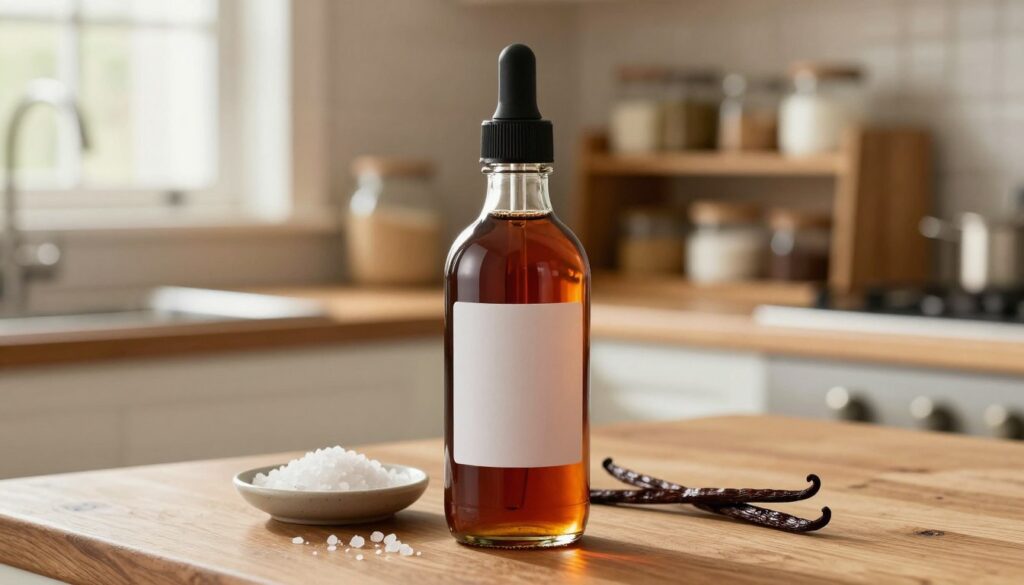 A close-up view of a glass bottle filled with rich, dark amber vanilla extract, sitting on a wooden kitchen counter. The bottle's label is elegantly simple, showcasing a dropper cap. Beside it, a small dish holds coarse sea salt and vanilla beans, adding texture and color. In the background, softly blurred, a warm kitchen environment with natural light streaming through a window, highlighting a rustic wooden shelf filled with baking ingredients like flour, sugar, and spices. The atmosphere is inviting and homely, capturing the essence of culinary creativity. The lighting is warm and soft, reminiscent of a cozy baking session. The image should evoke warmth, inspiration, and a sense of homemade goodness. A close-up view of a glass bottle filled with rich, dark amber vanilla extract, sitting on a wooden kitchen counter. The bottle's label is elegantly simple, showcasing a dropper cap. Beside it, a small dish holds coarse sea salt and vanilla beans, adding texture and color. In the background, softly blurred, a warm kitchen environment with natural light streaming through a window, highlighting a rustic wooden shelf filled with baking ingredients like flour, sugar, and spices. The atmosphere is inviting and homely, capturing the essence of culinary creativity. The lighting is warm and soft, reminiscent of a cozy baking session. The image should evoke warmth, inspiration, and a sense of homemade goodness.