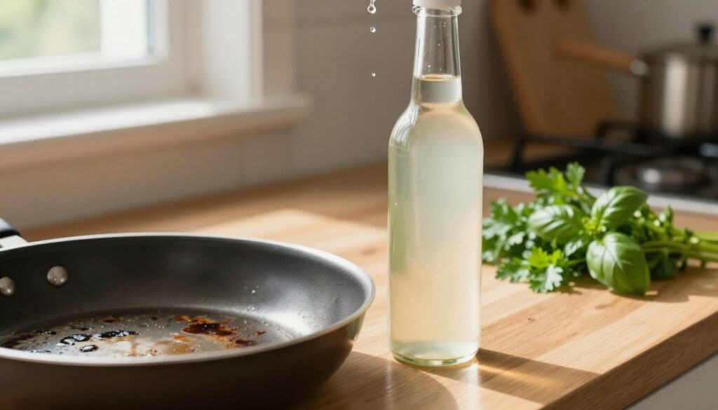 A close-up view of a glass bottle of white vinegar, with a few drops forming at the spout, sitting on a wooden kitchen countertop. In the foreground, a shiny, well-used frying pan, its base showing visible burnt spots and greasy residue, is placed next to the bottle. Fresh, green herbs like parsley or basil are scattered around for a vibrant touch. Soft, natural light streams in from a nearby window, casting gentle shadows and highlighting the textures of the vinegar bottle and the frying pan's surface. In the background, hints of a cozy kitchen are subtly blurred out, creating a warm, inviting atmosphere that enhances the idea of eco-friendly cleaning methods. A close-up view of a glass bottle of white vinegar, with a few drops forming at the spout, sitting on a wooden kitchen countertop. In the foreground, a shiny, well-used frying pan, its base showing visible burnt spots and greasy residue, is placed next to the bottle. Fresh, green herbs like parsley or basil are scattered around for a vibrant touch. Soft, natural light streams in from a nearby window, casting gentle shadows and highlighting the textures of the vinegar bottle and the frying pan's surface. In the background, hints of a cozy kitchen are subtly blurred out, creating a warm, inviting atmosphere that enhances the idea of eco-friendly cleaning methods.