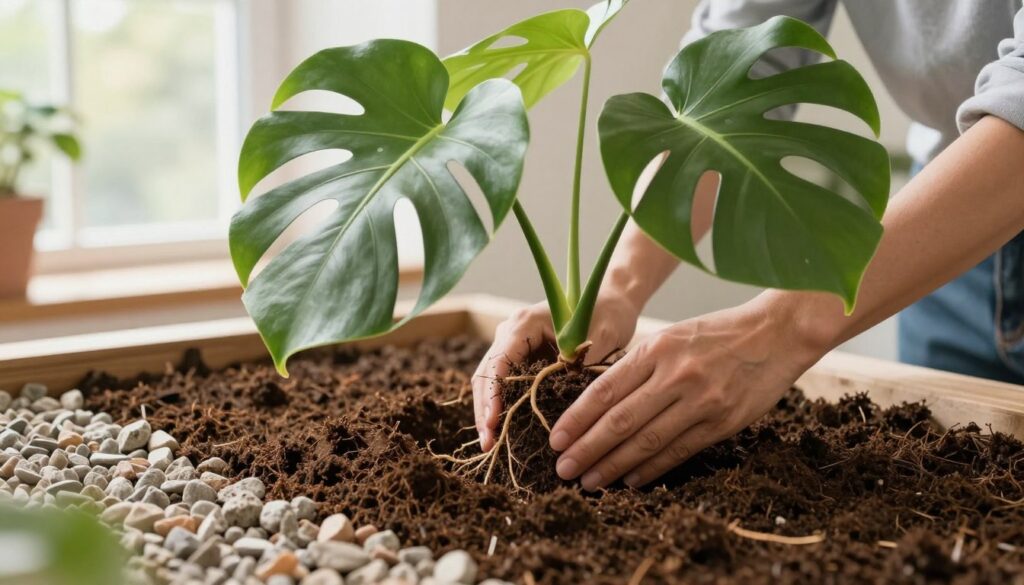 A close-up view of a healthy monstera plant being carefully planted in rich, well-draining soil, emphasizing the importance of proper drainage. In the foreground, show the gravel layer underneath the soil, designed specifically for drainage, alongside vibrant green monstera leaves with characteristic splits and holes. The middle ground features a gardener's hands gently placing the plant into the pot, ensuring the roots are well positioned. The background subtly includes a bright, sunlit window to convey a warm, inviting indoor atmosphere. Soft, natural lighting illuminates the scene, highlighting the textures of the soil and leaves. The overall mood is serene and nurturing, showcasing a harmonious relationship between the gardener and the plant, emphasizing care in its cultivation. A close-up view of a healthy monstera plant being carefully planted in rich, well-draining soil, emphasizing the importance of proper drainage. In the foreground, show the gravel layer underneath the soil, designed specifically for drainage, alongside vibrant green monstera leaves with characteristic splits and holes. The middle ground features a gardener's hands gently placing the plant into the pot, ensuring the roots are well positioned. The background subtly includes a bright, sunlit window to convey a warm, inviting indoor atmosphere. Soft, natural lighting illuminates the scene, highlighting the textures of the soil and leaves. The overall mood is serene and nurturing, showcasing a harmonious relationship between the gardener and the plant, emphasizing care in its cultivation.