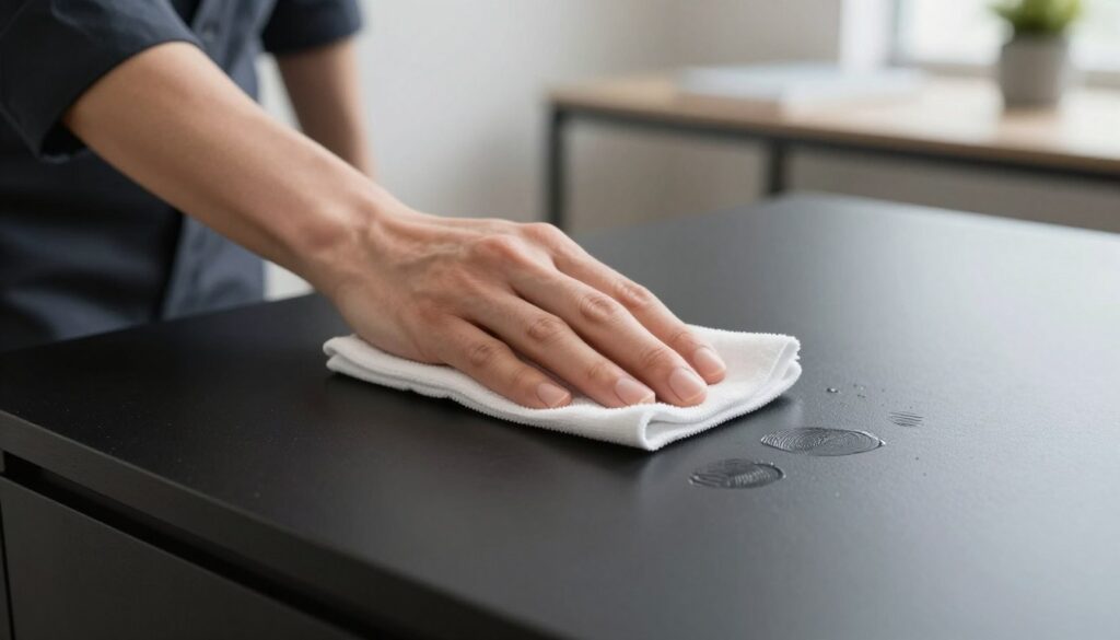A close-up view of a matte black surface exhibiting clear fingerprints, demonstrating the problem of smudges on furniture. In the foreground, a hand in a professional, modest outfit is using a soft, microfiber cloth to gently wipe the surface, showcasing the cleaning process. The middle ground focuses on the interaction between the hand and the surface, highlighting the contrast between the glossy fingerprints and the matte finish. The background features soft, diffused lighting to create a calming atmosphere, with hints of a stylish, minimalistic workspace, such as a sleek desk or a plant in a pot, adding depth but not overwhelming the main subject. The composition emphasizes cleanliness and effective maintenance of modern, matte furniture. A close-up view of a matte black surface exhibiting clear fingerprints, demonstrating the problem of smudges on furniture. In the foreground, a hand in a professional, modest outfit is using a soft, microfiber cloth to gently wipe the surface, showcasing the cleaning process. The middle ground focuses on the interaction between the hand and the surface, highlighting the contrast between the glossy fingerprints and the matte finish. The background features soft, diffused lighting to create a calming atmosphere, with hints of a stylish, minimalistic workspace, such as a sleek desk or a plant in a pot, adding depth but not overwhelming the main subject. The composition emphasizes cleanliness and effective maintenance of modern, matte furniture.