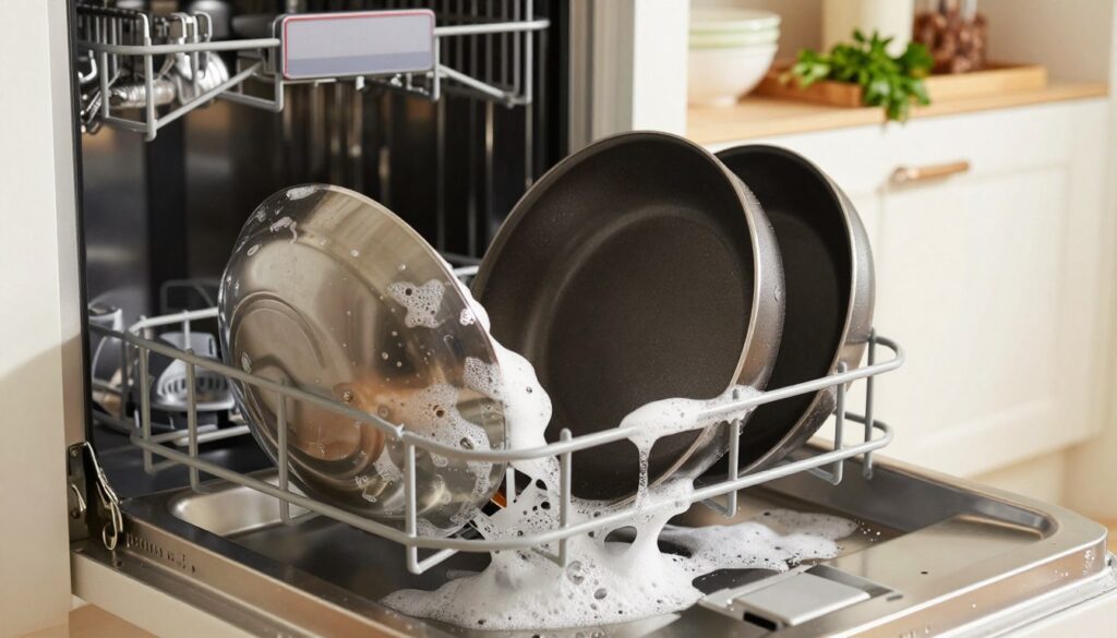 A close-up view of a modern dishwasher in an elegant kitchen setting, with a focus on its interior where non-stick frying pans are being washed. The foreground features soapy water with glimmers of light reflecting off, creating a sparkling effect, while the frying pans are displayed at various angles to showcase their Teflon surfaces. In the middle ground, the dishwasher's sleek design is highlighted, with soft shadows conveying depth. The background includes hints of kitchen decor, such as utensils and herbs on a shelf, enhancing the domestic atmosphere. The lighting is warm and inviting, emphasizing cleanliness and routine in kitchen management. Capture the essence of caring for non-stick cookware against the backdrop of regular dishwashing tasks. A close-up view of a modern dishwasher in an elegant kitchen setting, with a focus on its interior where non-stick frying pans are being washed. The foreground features soapy water with glimmers of light reflecting off, creating a sparkling effect, while the frying pans are displayed at various angles to showcase their Teflon surfaces. In the middle ground, the dishwasher's sleek design is highlighted, with soft shadows conveying depth. The background includes hints of kitchen decor, such as utensils and herbs on a shelf, enhancing the domestic atmosphere. The lighting is warm and inviting, emphasizing cleanliness and routine in kitchen management. Capture the essence of caring for non-stick cookware against the backdrop of regular dishwashing tasks.
