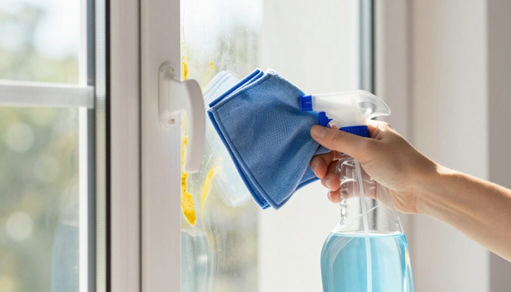 A close-up view of a person gently cleaning the window frames of a plastic window, showcasing a mix of modern cleaning tools like a spray bottle filled with a clear cleaning solution and a microfiber cloth. The foreground features the person’s hand holding the cloth in a focused motion, emphasizing the effort to remove yellow stains. In the middle ground, the shining plastic window frame reflects sunlight, highlighting its cleanliness against the contrasting yellow stains that are being cleaned. The background is a softly blurred interior room, bright and airy, with natural light streaming in. The atmosphere is fresh and optimistic, illustrating the effectiveness of home cleaning methods. The image should evoke a sense of cleanliness and attention to detail, captured from a slightly elevated angle to showcase both the cleaning action and the window. A close-up view of a person gently cleaning the window frames of a plastic window, showcasing a mix of modern cleaning tools like a spray bottle filled with a clear cleaning solution and a microfiber cloth. The foreground features the person’s hand holding the cloth in a focused motion, emphasizing the effort to remove yellow stains. In the middle ground, the shining plastic window frame reflects sunlight, highlighting its cleanliness against the contrasting yellow stains that are being cleaned. The background is a softly blurred interior room, bright and airy, with natural light streaming in. The atmosphere is fresh and optimistic, illustrating the effectiveness of home cleaning methods. The image should evoke a sense of cleanliness and attention to detail, captured from a slightly elevated angle to showcase both the cleaning action and the window.