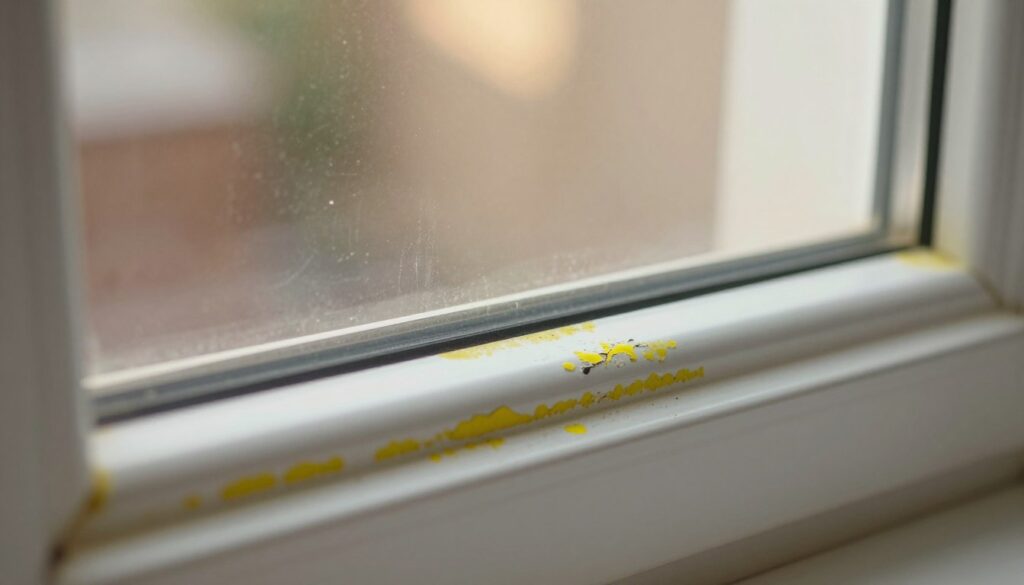 A close-up view of a plastic window frame exhibiting distinct yellow stains and discoloration, showcasing the texture and details of the surface. In the foreground, focus on the peeling and fading areas of the frame, highlighting the contrast between the yellow spots and the clean white frame. In the middle, include a soft reflection of light through the window, creating a warm ambiance that suggests sunlight filtering in. In the background, subtly blurred, depict a home interior with neutral colors to convey a cozy atmosphere. Use natural lighting to enhance the details, focusing on the imperfections of the window frame. The overall mood should be one of curiosity and concern, inviting viewers to consider the causes of the stains. A close-up view of a plastic window frame exhibiting distinct yellow stains and discoloration, showcasing the texture and details of the surface. In the foreground, focus on the peeling and fading areas of the frame, highlighting the contrast between the yellow spots and the clean white frame. In the middle, include a soft reflection of light through the window, creating a warm ambiance that suggests sunlight filtering in. In the background, subtly blurred, depict a home interior with neutral colors to convey a cozy atmosphere. Use natural lighting to enhance the details, focusing on the imperfections of the window frame. The overall mood should be one of curiosity and concern, inviting viewers to consider the causes of the stains.