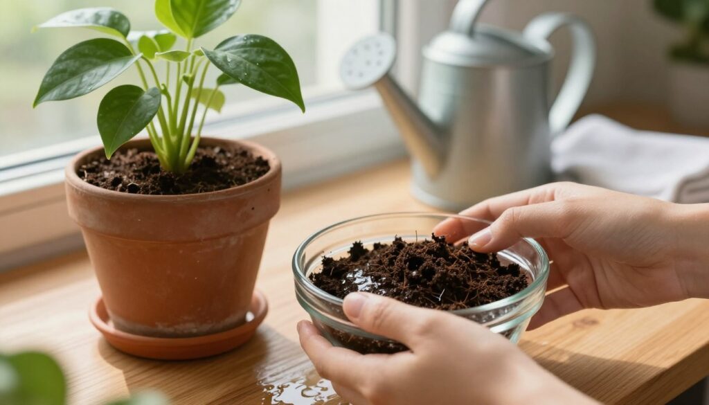 A close-up view of a potted plant with soil that is visibly damp, set on a wooden table. In the foreground, a hand gently removes excess water from the bottom of the pot using a small, clear glass bowl. In the midground, focus on the pot with a healthy green plant, showcasing its leaves as they catch soft, natural light coming from a nearby window. In the background, a few household items like a watering can and a towel can be seen, subtly hinting at home gardening. The atmosphere is warm and inviting, illuminated by soft, diffused sunlight, creating a calm environment conducive to plant care. The angle emphasizes the action of drying the soil, highlighting the delicate process of nurturing the plant back to health.