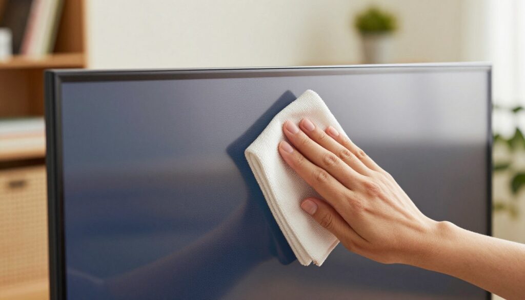 A close-up view of a pristine plasma television screen, showcasing its delicate surface with intricate reflections and subtle hints of light. The foreground features a hand gently holding a microfiber cloth, poised to clean the screen, emphasizing care and caution. In the middle ground, the television is displayed prominently, with slight glare and reflection from ambient room lighting to indicate a modern living space. The background can include soft-focus elements of a cozy living room, like a bookshelf and a potted plant, creating a serene atmosphere. The overall mood should be calm and informative, suggesting proper maintenance to preserve the screen's quality. Lighting should be soft but clear, reminiscent of a warm afternoon glow, highlighting the screen's delicate texture.