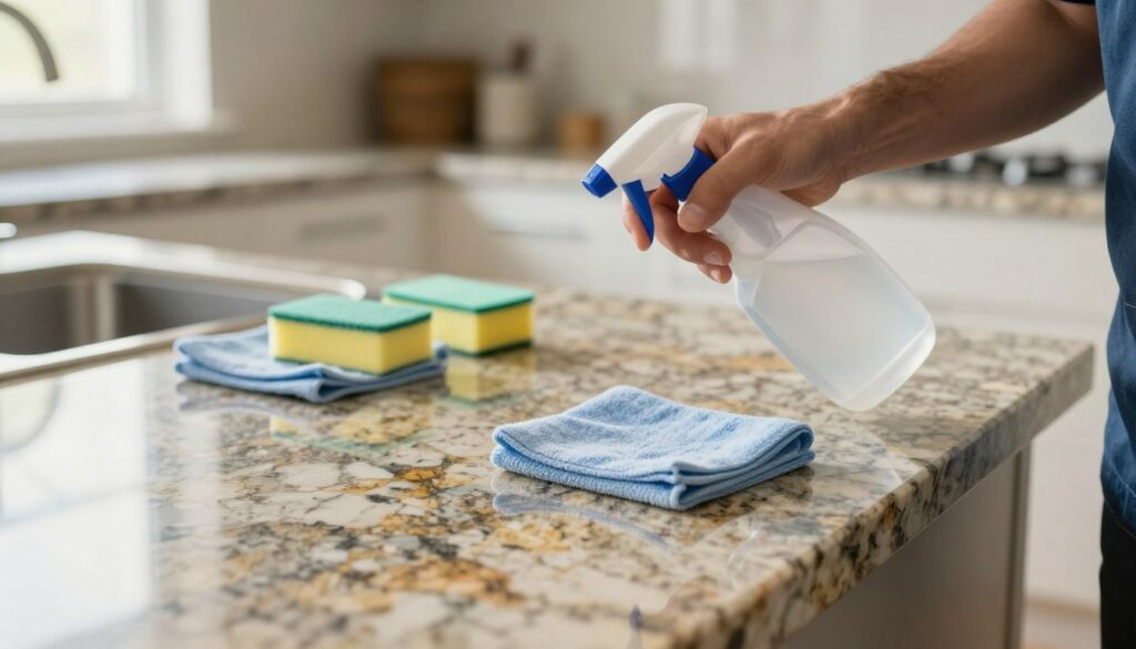 A close-up view of a professional cleaning technician meticulously cleaning a polished granite countertop. In the foreground, the technician is using a spray bottle of glass cleaner, demonstrating a safe and effective cleaning method. The countertop reflects a gleaming surface with intricate patterns of the granite showing off its natural beauty. In the middle ground, there are cleaning tools like microfiber cloths and sponges organized neatly. The background features a modern kitchen with soft, natural lighting coming from a nearby window, enhancing the warmth of the space. The mood is clean and professional, embodying a sense of care and expertise in maintaining beautiful granite surfaces. A close-up view of a professional cleaning technician meticulously cleaning a polished granite countertop. In the foreground, the technician is using a spray bottle of glass cleaner, demonstrating a safe and effective cleaning method. The countertop reflects a gleaming surface with intricate patterns of the granite showing off its natural beauty. In the middle ground, there are cleaning tools like microfiber cloths and sponges organized neatly. The background features a modern kitchen with soft, natural lighting coming from a nearby window, enhancing the warmth of the space. The mood is clean and professional, embodying a sense of care and expertise in maintaining beautiful granite surfaces.