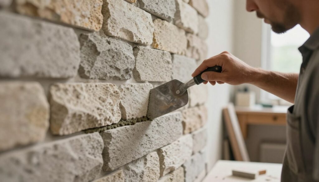 A close-up view of a skilled craftsman gracefully applying grout to freshly installed decorative concrete stone on a wall. In the foreground, a focused craftsman in modest casual clothing holds a trowel, expertly smoothing the grout into the spaces between the stones. The middle layer showcases the textured surface of various concrete stones, intricately arranged with seamless joints. Soft, diffused lighting creates a warm ambiance, highlighting the natural colors of the stone while casting gentle shadows. The background features a blurred view of a well-lit workshop, adding depth without distraction. The atmosphere conveys precision and dedication to detail, emphasizing the importance of aesthetic finishing in decorative work. A close-up view of a skilled craftsman gracefully applying grout to freshly installed decorative concrete stone on a wall. In the foreground, a focused craftsman in modest casual clothing holds a trowel, expertly smoothing the grout into the spaces between the stones. The middle layer showcases the textured surface of various concrete stones, intricately arranged with seamless joints. Soft, diffused lighting creates a warm ambiance, highlighting the natural colors of the stone while casting gentle shadows. The background features a blurred view of a well-lit workshop, adding depth without distraction. The atmosphere conveys precision and dedication to detail, emphasizing the importance of aesthetic finishing in decorative work.