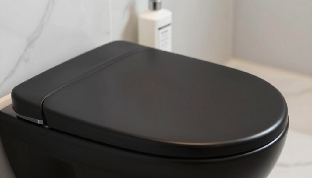 A close-up view of a sleek, black toilet bowl with a glossy finish, showcasing its pristine surface devoid of streaks or stains. The foreground displays a gentle reflection of light on the smooth surface, highlighting the perfection of the black material. In the middle ground, there are subtle hints of cleaning products in elegant, minimalist packaging placed beside the toilet, emphasizing the importance of proper care for such surfaces. The background is softly blurred to focus on the toilet, with a luxurious bathroom setting featuring marble tiles and gentle ambient lighting that creates a serene, clean atmosphere. The image evokes a sense of sophistication and cleanliness, ideal for illustrating the topic of maintaining black surfaces in a professional and aesthetically pleasing manner. A close-up view of a sleek, black toilet bowl with a glossy finish, showcasing its pristine surface devoid of streaks or stains. The foreground displays a gentle reflection of light on the smooth surface, highlighting the perfection of the black material. In the middle ground, there are subtle hints of cleaning products in elegant, minimalist packaging placed beside the toilet, emphasizing the importance of proper care for such surfaces. The background is softly blurred to focus on the toilet, with a luxurious bathroom setting featuring marble tiles and gentle ambient lighting that creates a serene, clean atmosphere. The image evokes a sense of sophistication and cleanliness, ideal for illustrating the topic of maintaining black surfaces in a professional and aesthetically pleasing manner.