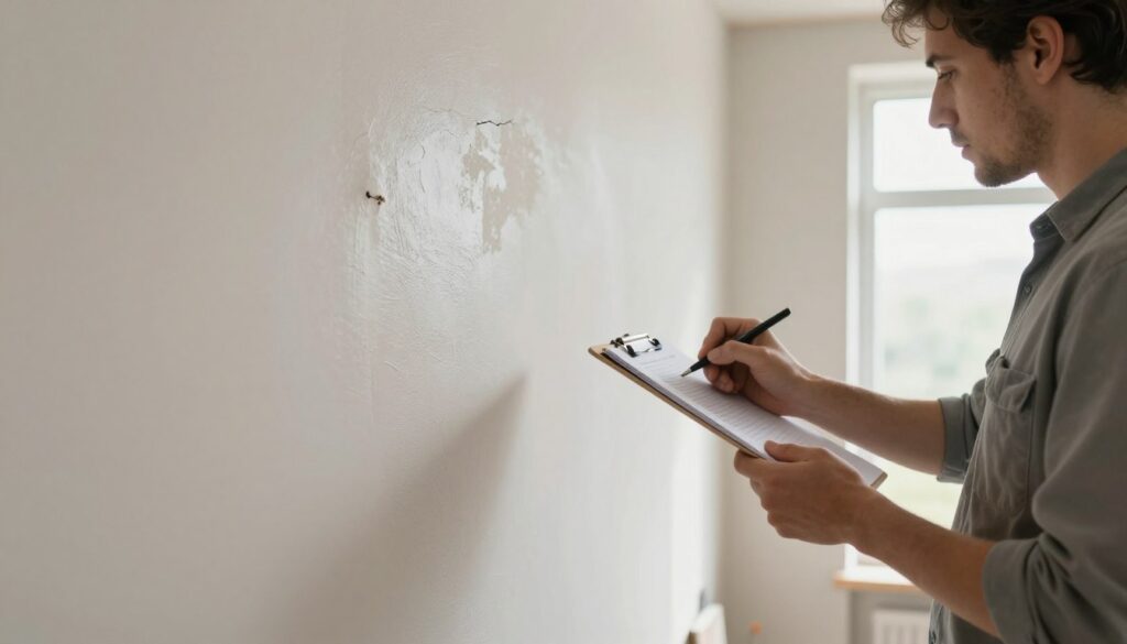 A close-up view of a wall in a well-lit room, showing the condition of the wall before painting. The foreground features peeling emulsion paint and areas where the surface is uneven or stained. In the middle ground, a professional in modest casual clothing inspects the wall with a clipboard in hand, taking notes on the wall's texture and imperfections. In the background, soft natural light streams in from a nearby window, illuminating the details of the wall, highlighting cracks and other blemishes. The atmosphere is focused and analytical, emphasizing the importance of assessing the wall's state before beginning any painting work. A close-up view of a wall in a well-lit room, showing the condition of the wall before painting. The foreground features peeling emulsion paint and areas where the surface is uneven or stained. In the middle ground, a professional in modest casual clothing inspects the wall with a clipboard in hand, taking notes on the wall's texture and imperfections. In the background, soft natural light streams in from a nearby window, illuminating the details of the wall, highlighting cracks and other blemishes. The atmosphere is focused and analytical, emphasizing the importance of assessing the wall's state before beginning any painting work.