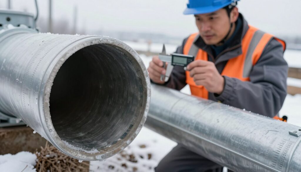 A close-up view of a water pipe cross-section, showcasing its diameter and structure. The foreground features a metallic pipe with precise measurements inscribed along its surface, emphasizing its robustness against freezing temperatures and pressure. In the middle ground, an engineer in professional attire, examining the pipe with a digital caliper, reflects a sense of determination and expertise. The background includes a snowy landscape with frost-covered soil, symbolizing harsh conditions. Soft natural lighting illuminates the scene, highlighting the texture of the pipe and the determination on the engineer's face. The angle is slightly tilted, creating a dynamic perspective that draws attention to the optimization of pipe diameter. The overall mood conveys engineering precision and reliability in challenging environments.