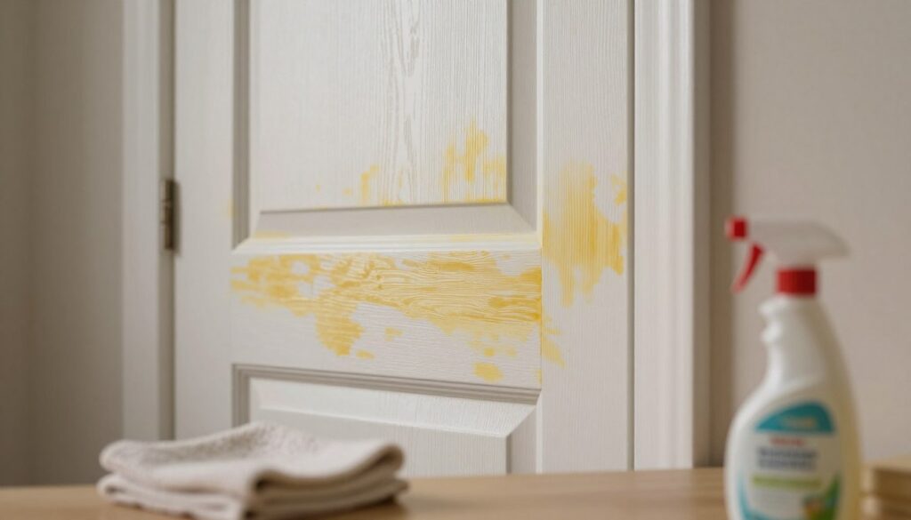 A close-up view of a white interior door with noticeable yellowing on its surface, highlighting the contrast between the pristine areas and the discolored patches. The door should be set against a softly lit, neutral-toned wall that emphasizes the door’s texture and color variations. In the foreground, include a soft-focus cloth and cleaning solution bottle positioned thoughtfully, suggesting a cleaning action. The lighting should be warm and inviting, creating a calm atmosphere while illuminating the details of the door's surface, such as wood grain and subtle reflections. Use a shallow depth of field to draw attention to the yellowing, capturing the essence of the section "Jak skutecznie usunąć żółknięcie powierzchni" without distraction.