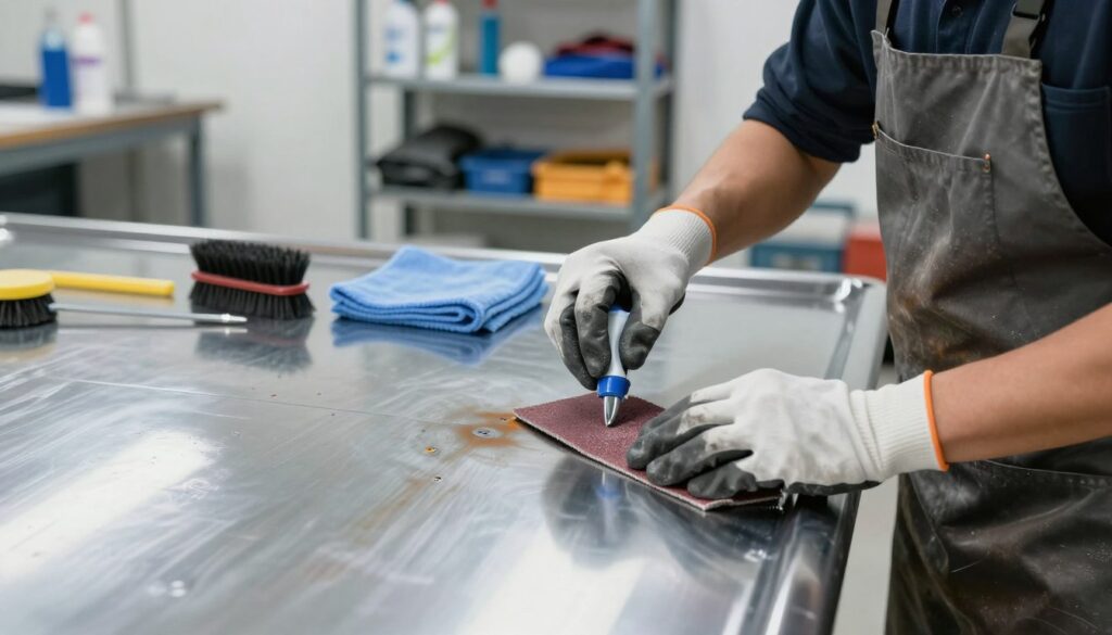 A close-up view of an industrial workspace focused on preparing a chrome surface for rust removal. In the foreground, a technician wearing a sturdy apron and gloves meticulously cleans a corroded chrome surface using fine-grade sandpaper and a chemical rust remover. The middle ground reveals various tools like brushes and microfiber cloths, neatly arranged next to the technician. The background captures a well-lit workshop with metal shelves filled with cleaning solutions and protective gear. Soft, diffused light illuminates the scene, creating a clean and professional atmosphere. The overall mood is diligent and focused, emphasizing the importance of surface preparation in rust treatment. The angle is slightly top-down, providing a clear view of the cleaning process while maintaining the context of the workshop environment. A close-up view of an industrial workspace focused on preparing a chrome surface for rust removal. In the foreground, a technician wearing a sturdy apron and gloves meticulously cleans a corroded chrome surface using fine-grade sandpaper and a chemical rust remover. The middle ground reveals various tools like brushes and microfiber cloths, neatly arranged next to the technician. The background captures a well-lit workshop with metal shelves filled with cleaning solutions and protective gear. Soft, diffused light illuminates the scene, creating a clean and professional atmosphere. The overall mood is diligent and focused, emphasizing the importance of surface preparation in rust treatment. The angle is slightly top-down, providing a clear view of the cleaning process while maintaining the context of the workshop environment.