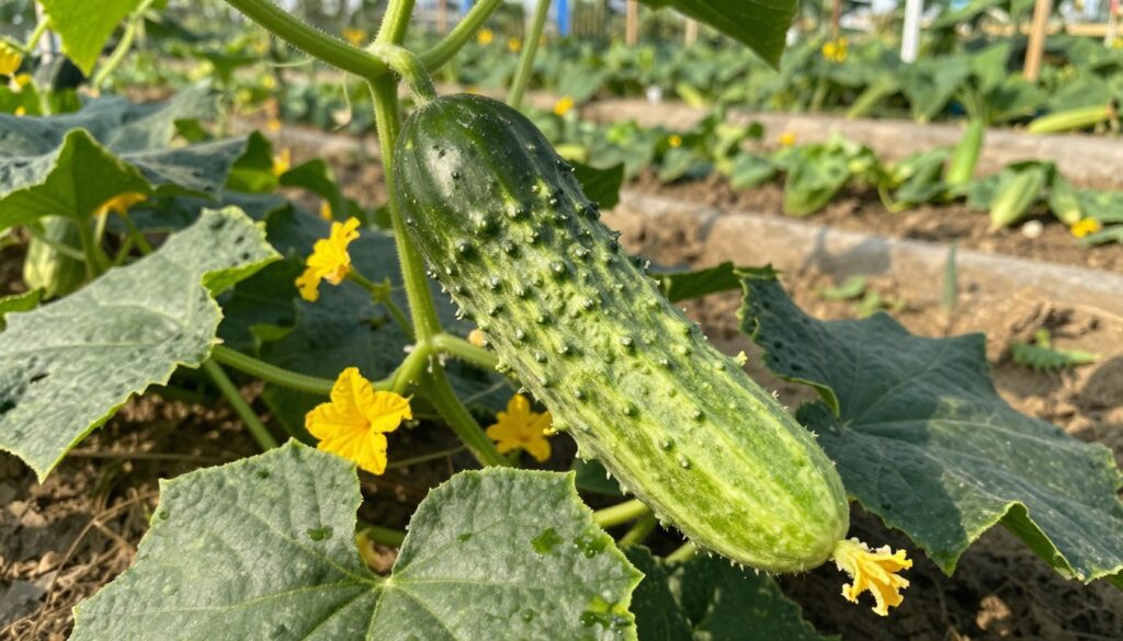 A close-up view of an unevenly ripening cucumber showing signs of bitterness, with visible dark green streaks on its surface. Surround it with healthy cucumber plants in the middle ground, showcasing lush green leaves and sporadic yellow flowers. In the background, a sunny vegetable garden with rows of various vegetables provides depth to the scene. The lighting is bright and natural, creating a warm atmosphere that highlights the textures of the cucumber skin. Capture the image from a slightly elevated angle to allow the viewer to see both the cucumber and its surrounding plants clearly, emphasizing the theme of cultivation and the causes of bitterness in cucumbers. A close-up view of an unevenly ripening cucumber showing signs of bitterness, with visible dark green streaks on its surface. Surround it with healthy cucumber plants in the middle ground, showcasing lush green leaves and sporadic yellow flowers. In the background, a sunny vegetable garden with rows of various vegetables provides depth to the scene. The lighting is bright and natural, creating a warm atmosphere that highlights the textures of the cucumber skin. Capture the image from a slightly elevated angle to allow the viewer to see both the cucumber and its surrounding plants clearly, emphasizing the theme of cultivation and the causes of bitterness in cucumbers.