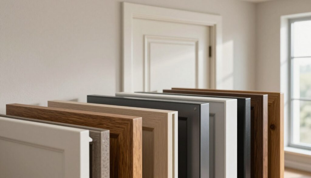 A close-up view of beautifully designed door frames, showcasing a variety of finishes such as modern wooden textures, sleek metal, and durable PVC options. The foreground features a selection of samples arranged neatly, with a focus on their grain, color, and texture. In the middle ground, a well-lit door with an elegant overlay contrasts against a soft, neutral background of a lightly textured wall, hinting at the aesthetic improvement these overlays provide. Natural light filters through a nearby window, casting soft shadows and enhancing the materials' features. The atmosphere is inviting and professional, emphasizing practicality and style, perfect for illustrating the topic of door frame overlays and their material influences on durability. A close-up view of beautifully designed door frames, showcasing a variety of finishes such as modern wooden textures, sleek metal, and durable PVC options. The foreground features a selection of samples arranged neatly, with a focus on their grain, color, and texture. In the middle ground, a well-lit door with an elegant overlay contrasts against a soft, neutral background of a lightly textured wall, hinting at the aesthetic improvement these overlays provide. Natural light filters through a nearby window, casting soft shadows and enhancing the materials' features. The atmosphere is inviting and professional, emphasizing practicality and style, perfect for illustrating the topic of door frame overlays and their material influences on durability.