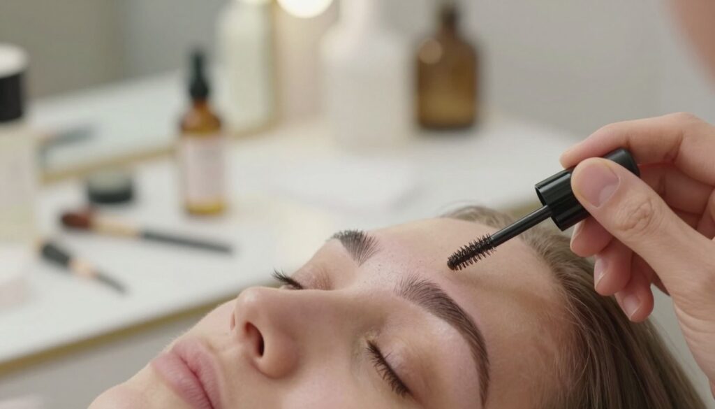 A close-up view of beautifully shaped eyebrows, showcasing various stages of hair growth from sparse to full, emphasizing the texture and condition of eyebrow hairs. The foreground features a hand gently holding a skincare product specifically designed for eyebrow care, such as a serum or oil, in soft focus. In the background, a softly lit vanity table with aesthetically arranged beauty tools and natural light streaming in, creating a warm, inviting atmosphere. Use a shallow depth of field to draw attention to the eyebrows and the product, with a focus on detail, showing individual hair strands glistening. The overall mood is calm and professional, reflecting self-care and beauty. A close-up view of beautifully shaped eyebrows, showcasing various stages of hair growth from sparse to full, emphasizing the texture and condition of eyebrow hairs. The foreground features a hand gently holding a skincare product specifically designed for eyebrow care, such as a serum or oil, in soft focus. In the background, a softly lit vanity table with aesthetically arranged beauty tools and natural light streaming in, creating a warm, inviting atmosphere. Use a shallow depth of field to draw attention to the eyebrows and the product, with a focus on detail, showing individual hair strands glistening. The overall mood is calm and professional, reflecting self-care and beauty.