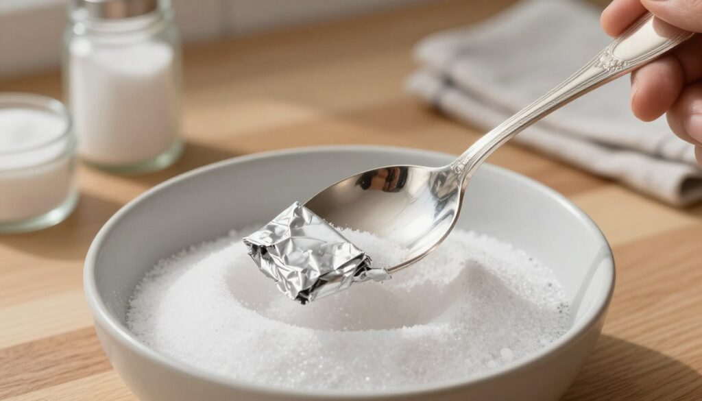 A close-up view of cleaning silver using aluminum foil and salt, showcasing a gleaming silver spoon and a piece of foil wrapped around it, nestled in a bowl of salt. The spoon displays intricate patterns, reflecting the light of a soft, warm kitchen ambiance. In the background, a wooden countertop enhances the homely atmosphere, with neatly arranged cleaning supplies like a small container of salt and a clean cloth. The lighting is bright but gentle, casting subtle shadows that emphasize the texture of the foil and the shine of the silver. This image captures the essence of an effective, household cleaning method, blending practicality with elegance. A close-up view of cleaning silver using aluminum foil and salt, showcasing a gleaming silver spoon and a piece of foil wrapped around it, nestled in a bowl of salt. The spoon displays intricate patterns, reflecting the light of a soft, warm kitchen ambiance. In the background, a wooden countertop enhances the homely atmosphere, with neatly arranged cleaning supplies like a small container of salt and a clean cloth. The lighting is bright but gentle, casting subtle shadows that emphasize the texture of the foil and the shine of the silver. This image captures the essence of an effective, household cleaning method, blending practicality with elegance.