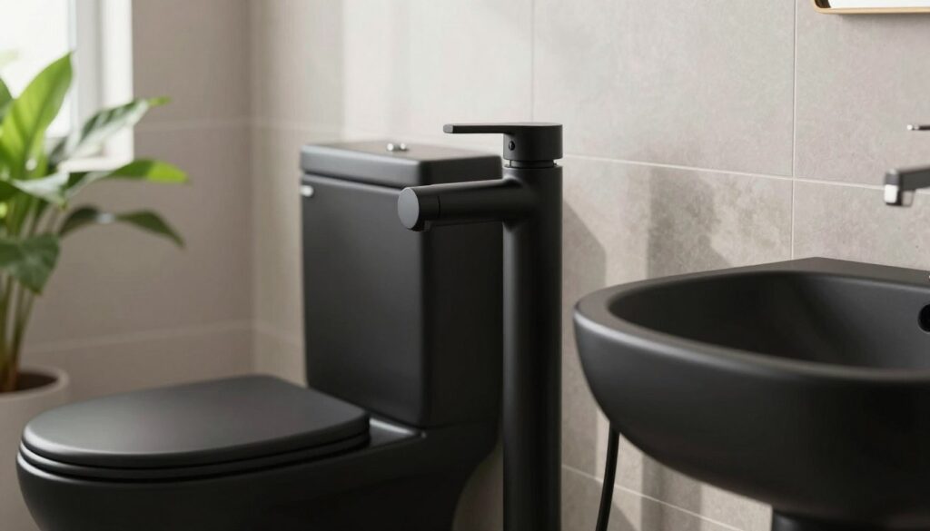 A close-up view of elegant black bathroom fixtures, including a sleek black toilet and matching sink, arranged in a modern bathroom. The fixtures are spotless and gleaming, reflecting soft natural light from a nearby window, creating a serene and inviting atmosphere. The background features neutral-toned tiles and vibrant green plants for a touch of freshness. A gentle play of shadows adds depth, while the focus remains on the pristine surfaces of the black fixtures. The image conveys a sense of daily maintenance and care, highlighting the beauty and sophistication of well-kept black bathroom accessories. The composition captures the essence of daily cleaning and upkeep. A close-up view of elegant black bathroom fixtures, including a sleek black toilet and matching sink, arranged in a modern bathroom. The fixtures are spotless and gleaming, reflecting soft natural light from a nearby window, creating a serene and inviting atmosphere. The background features neutral-toned tiles and vibrant green plants for a touch of freshness. A gentle play of shadows adds depth, while the focus remains on the pristine surfaces of the black fixtures. The image conveys a sense of daily maintenance and care, highlighting the beauty and sophistication of well-kept black bathroom accessories. The composition captures the essence of daily cleaning and upkeep.