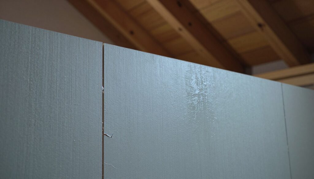 A close-up view of gypsum board panels in an attic, showcasing their texture and structural details. The lighting is soft and diffused, emphasizing the subtle variations in color on the panels. In the foreground, droplets of moisture can be seen clinging to the surface of the boards, hinting at the impact of humidity. In the middle ground, highlight areas of cracking and wear on the gypsum boards, representing the effects of temperature fluctuations. The background features wooden rafters, slightly illuminated, creating a warm atmosphere that contrasts with the cool tones of the gypsum. The overall mood is one of contemplation, conveying the delicate balance between moisture and structural integrity in a cozy attic space. A close-up view of gypsum board panels in an attic, showcasing their texture and structural details. The lighting is soft and diffused, emphasizing the subtle variations in color on the panels. In the foreground, droplets of moisture can be seen clinging to the surface of the boards, hinting at the impact of humidity. In the middle ground, highlight areas of cracking and wear on the gypsum boards, representing the effects of temperature fluctuations. The background features wooden rafters, slightly illuminated, creating a warm atmosphere that contrasts with the cool tones of the gypsum. The overall mood is one of contemplation, conveying the delicate balance between moisture and structural integrity in a cozy attic space.