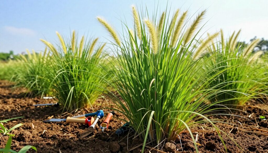 A close-up view of lush pampas grass (Cortaderia selloana) flourishing in an ideal soil environment, showcasing vibrant green blades with soft, feathery flower plumes. The foreground highlights the rich, dark brown soil, indicating optimal pH levels for healthy growth. In the middle ground, a variety of soil testing tools lay scattered, emphasizing the importance of proper soil conditions. The background features a sunny landscape with a clear blue sky, casting warm, natural light enhancing the grass's texture. The atmosphere is vibrant and serene, evoking a sense of growth and vitality, perfect for illustrating the requirements for successful pampas grass cultivation. A close-up view of lush pampas grass (Cortaderia selloana) flourishing in an ideal soil environment, showcasing vibrant green blades with soft, feathery flower plumes. The foreground highlights the rich, dark brown soil, indicating optimal pH levels for healthy growth. In the middle ground, a variety of soil testing tools lay scattered, emphasizing the importance of proper soil conditions. The background features a sunny landscape with a clear blue sky, casting warm, natural light enhancing the grass's texture. The atmosphere is vibrant and serene, evoking a sense of growth and vitality, perfect for illustrating the requirements for successful pampas grass cultivation.